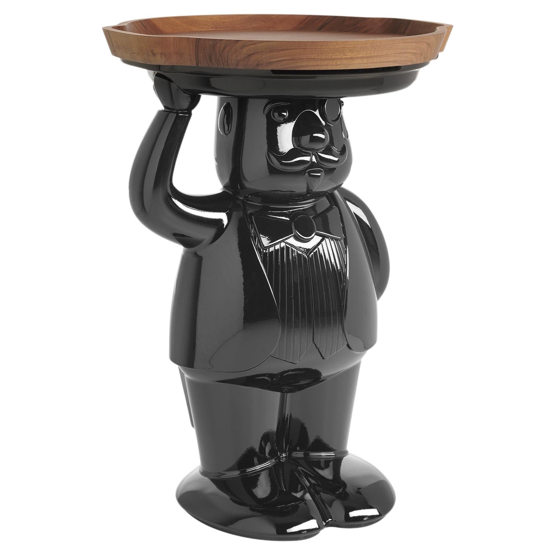 Glossy Glamour Black Ambrogio Side Table With Wooden Tray by Favaretto&Partners