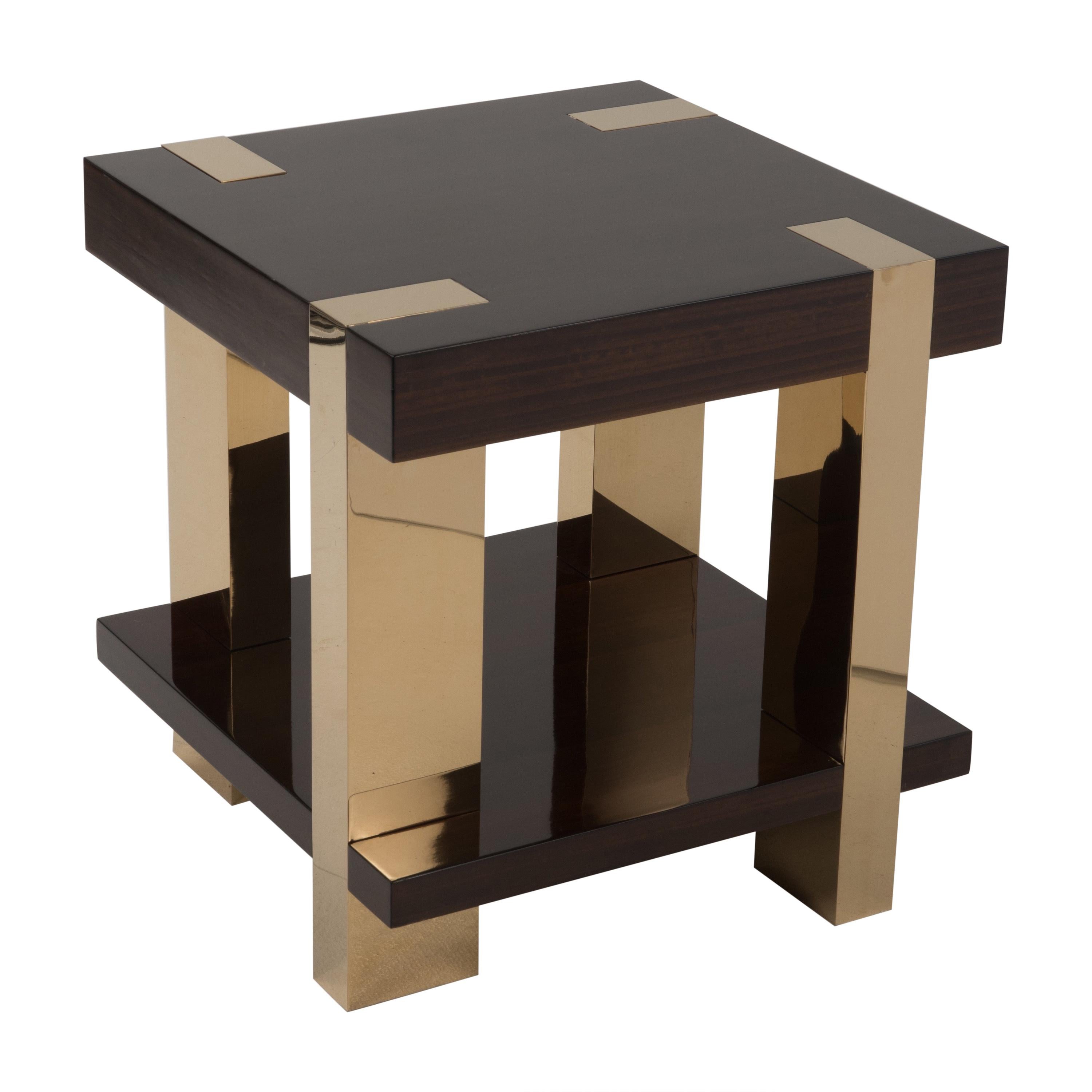 Glossy Italian Rosewood Veneer and Brass Two-Tier Side Table