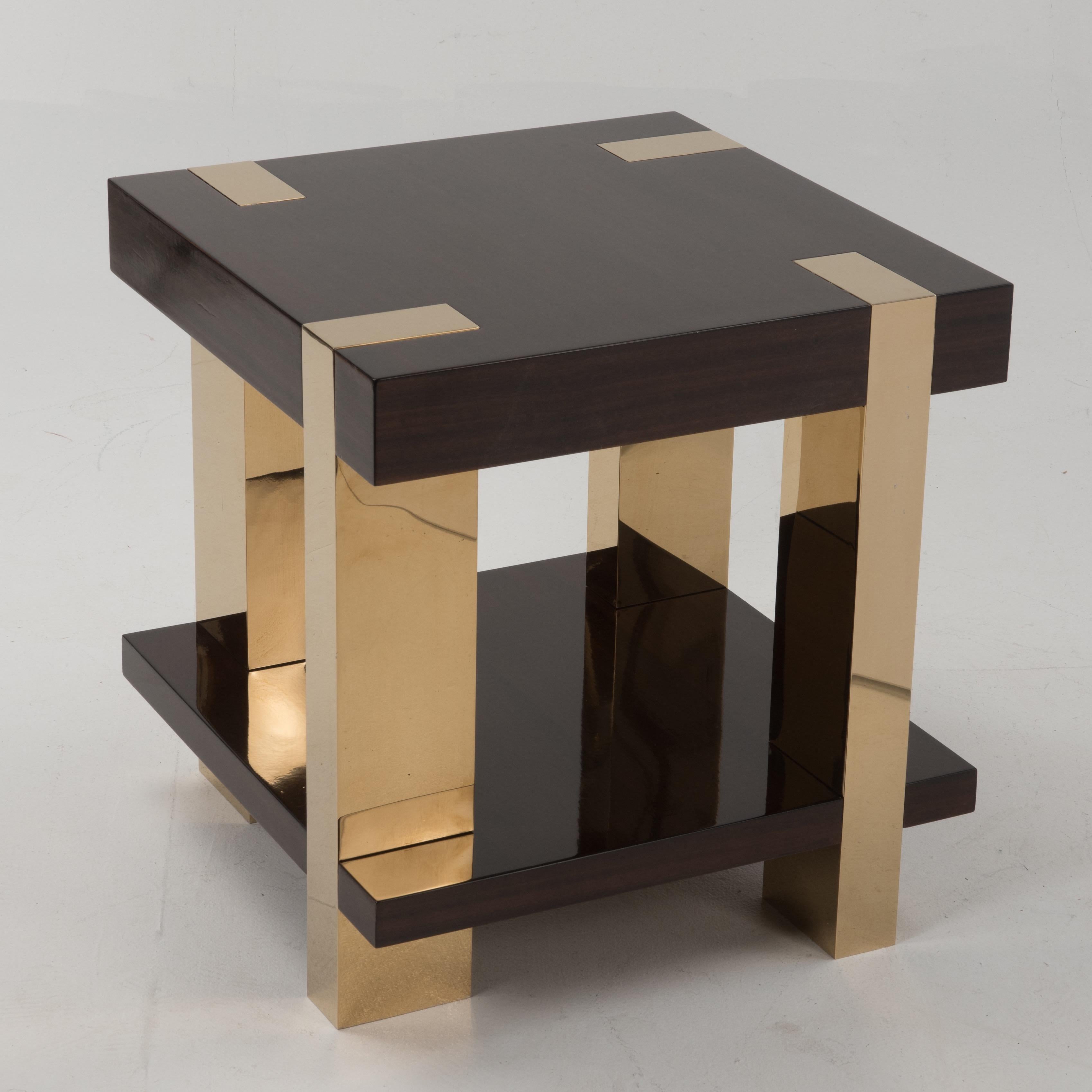Modern Glossy Italian Rosewood Veneer and Brass Two-Tier Side Table