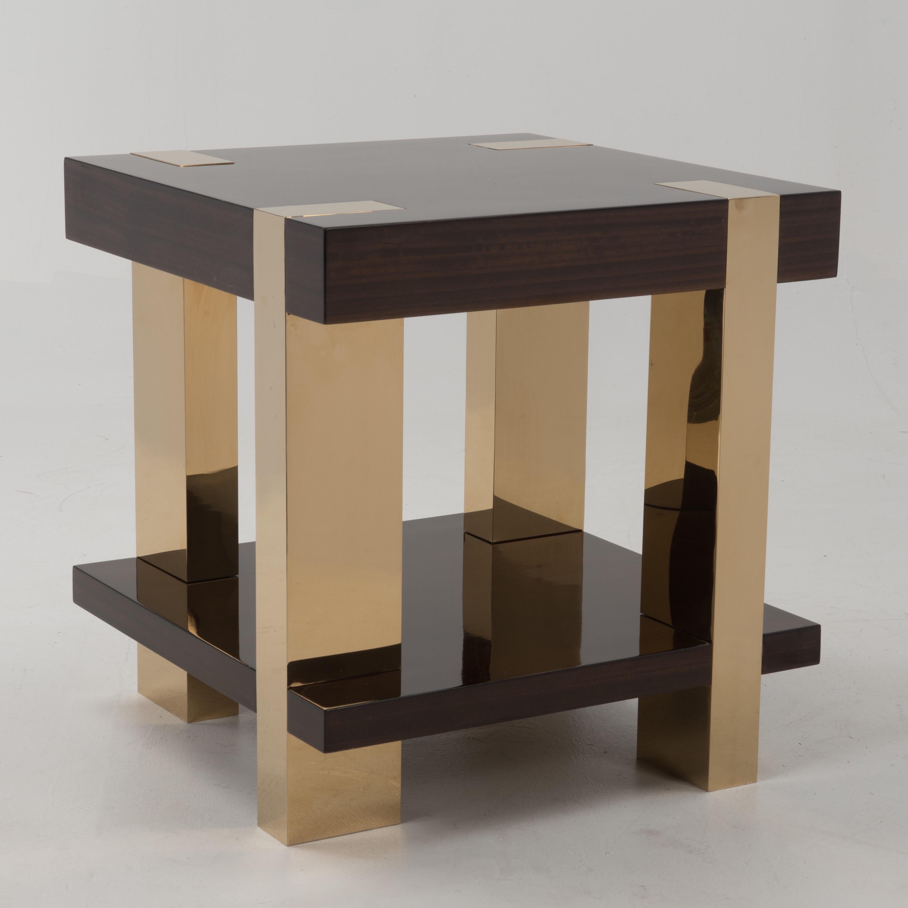 Late 20th Century Glossy Italian Rosewood Veneer and Brass Two-Tier Side Table