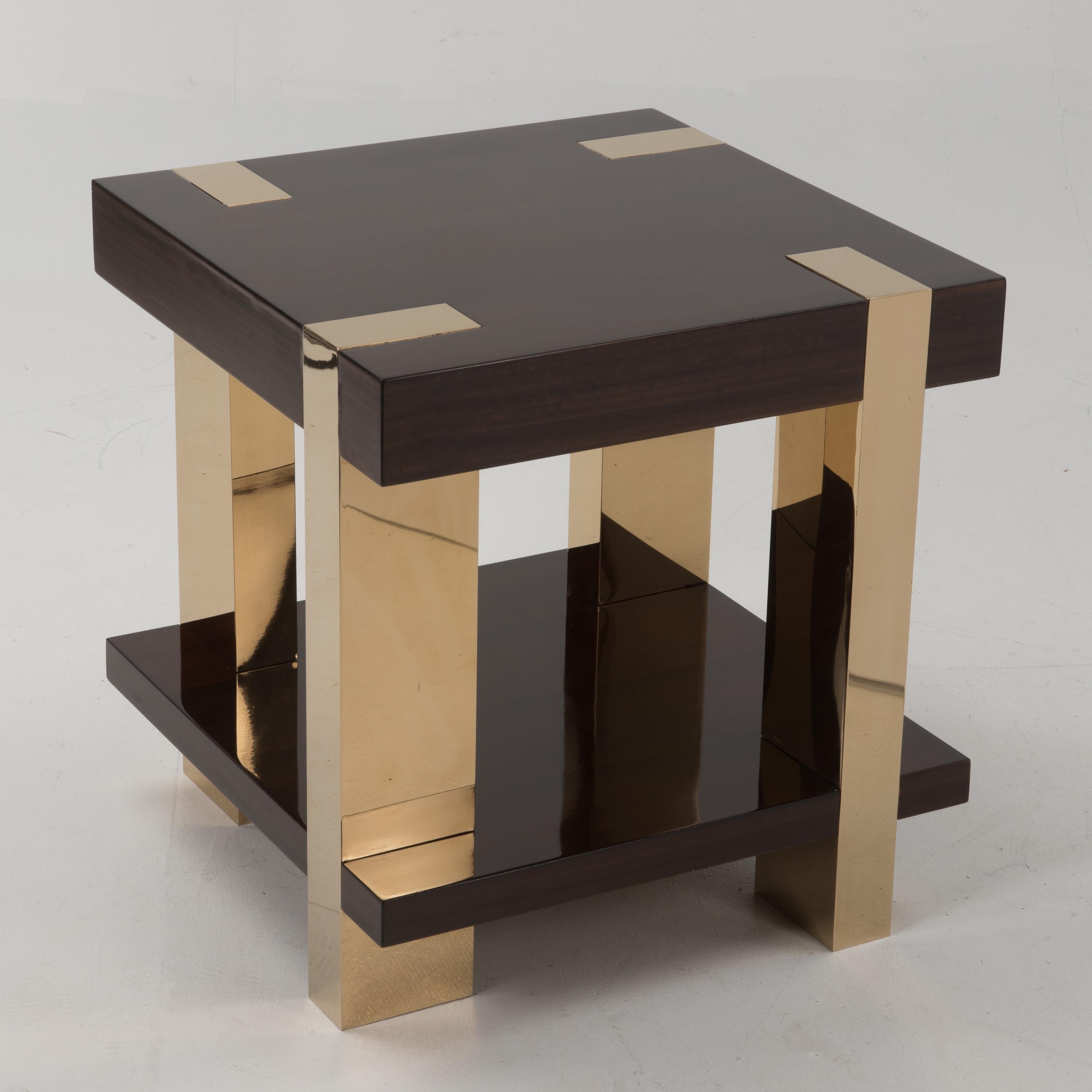 Glossy Italian Rosewood Veneer and Brass Two-Tier Side Table 1