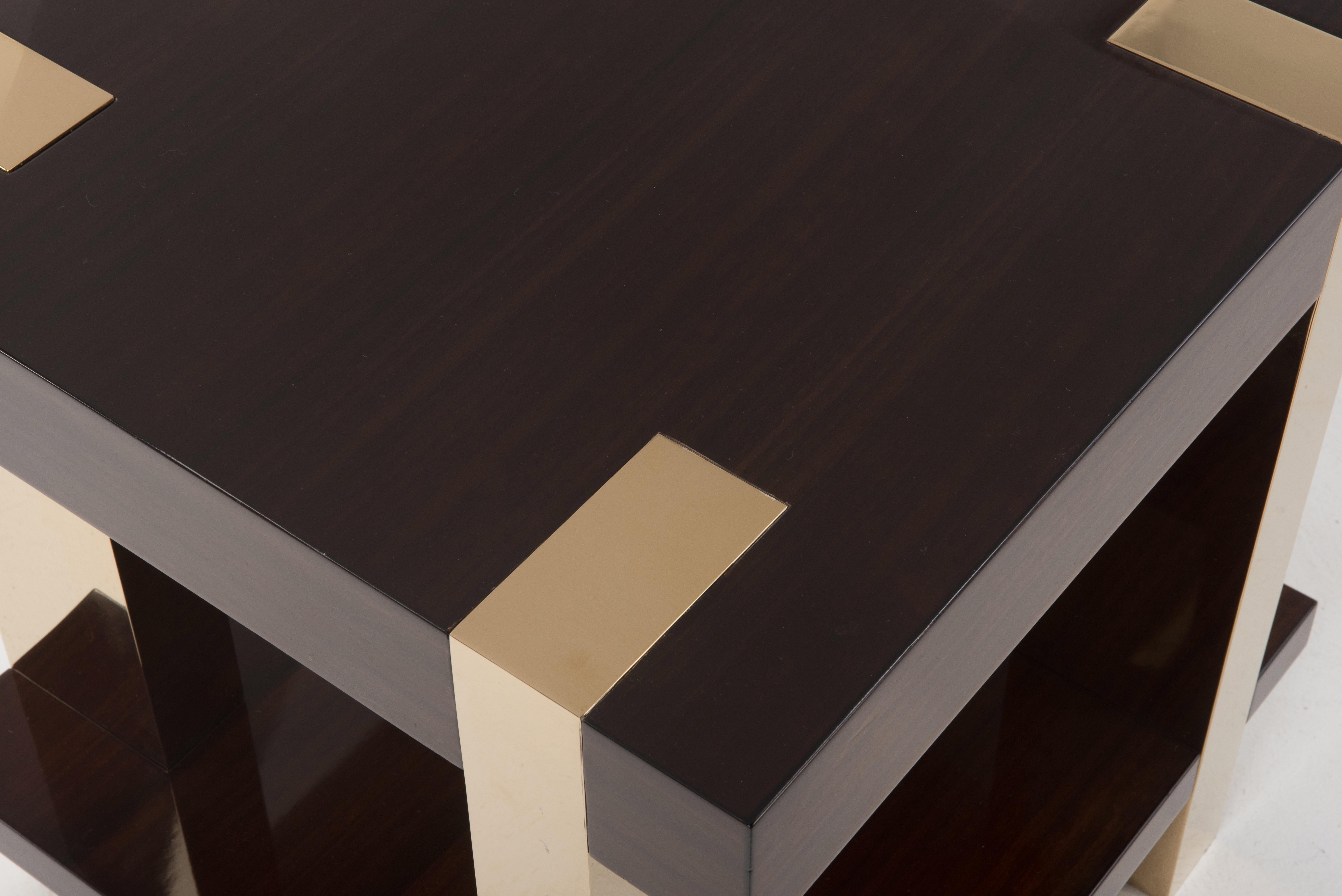 Glossy Italian Rosewood Veneer and Brass Two-Tier Side Table 2
