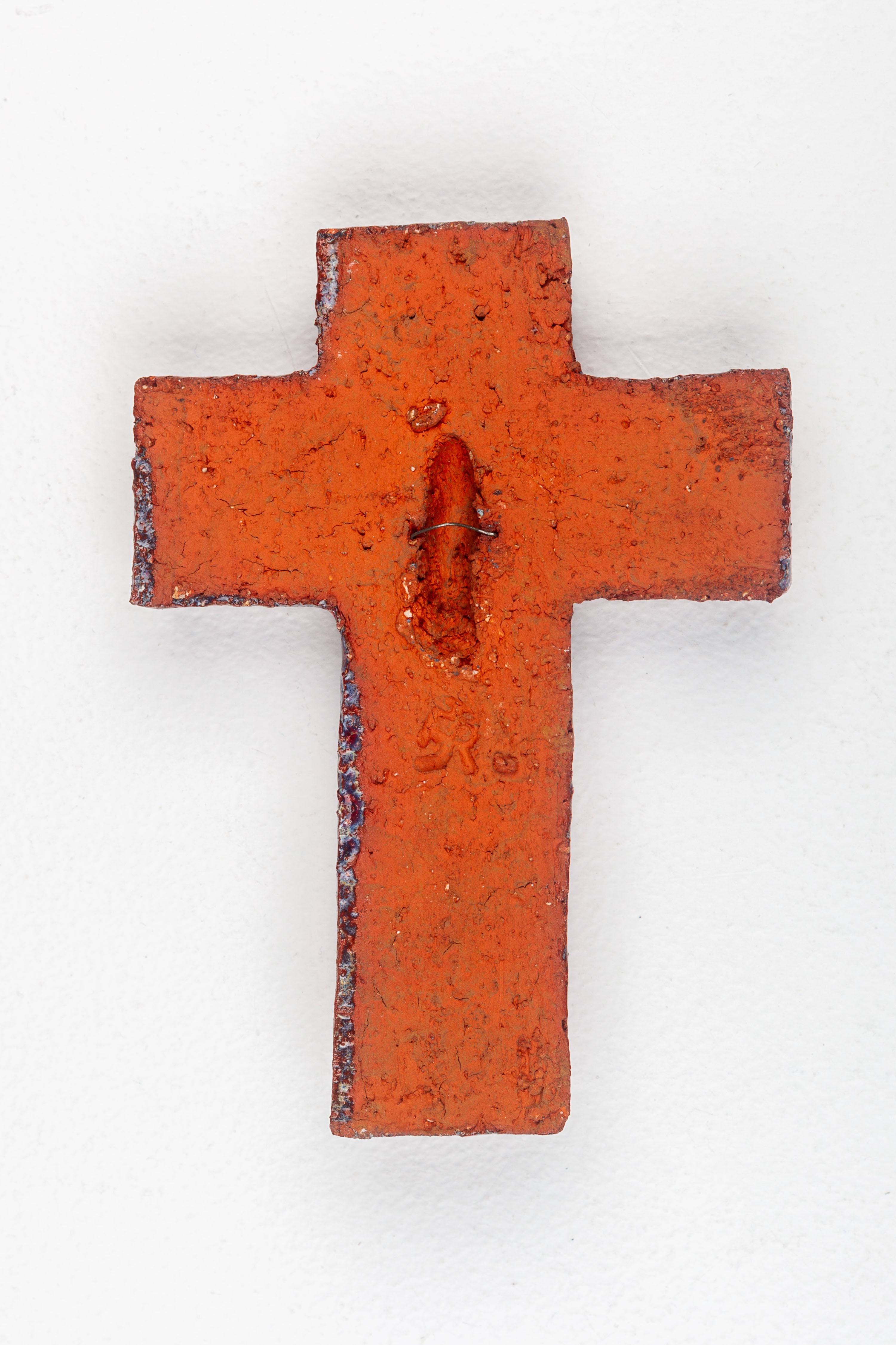 Glossy Red Ceramic Cross with Abstract Matte Christ Figure in Earth Tones For Sale 1
