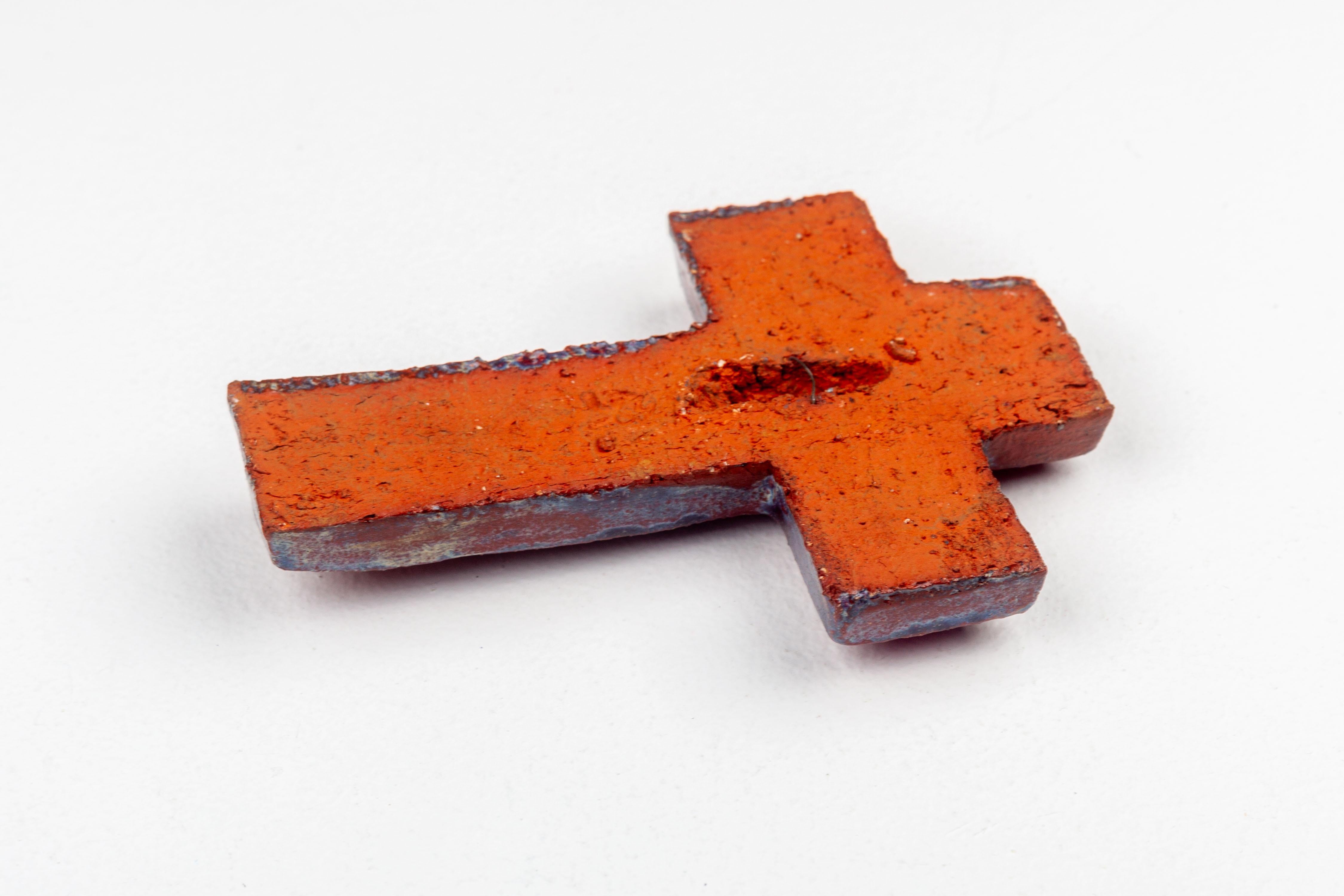 Glossy Red Ceramic Cross with Abstract Matte Christ Figure in Earth Tones For Sale 2