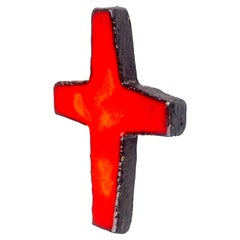 Vintage Glossy Red Mid-century European Ceramic Cross Vermillion with Black Edge
