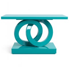 Glossy Teal Lacquer Console Table with Circular Interlocking Center Support