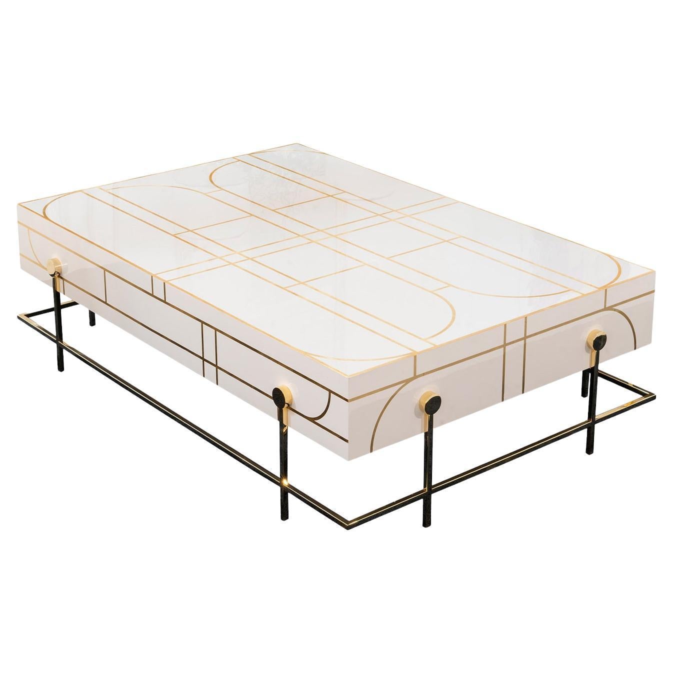 Glossy White and Gold Coffee Table For Sale
