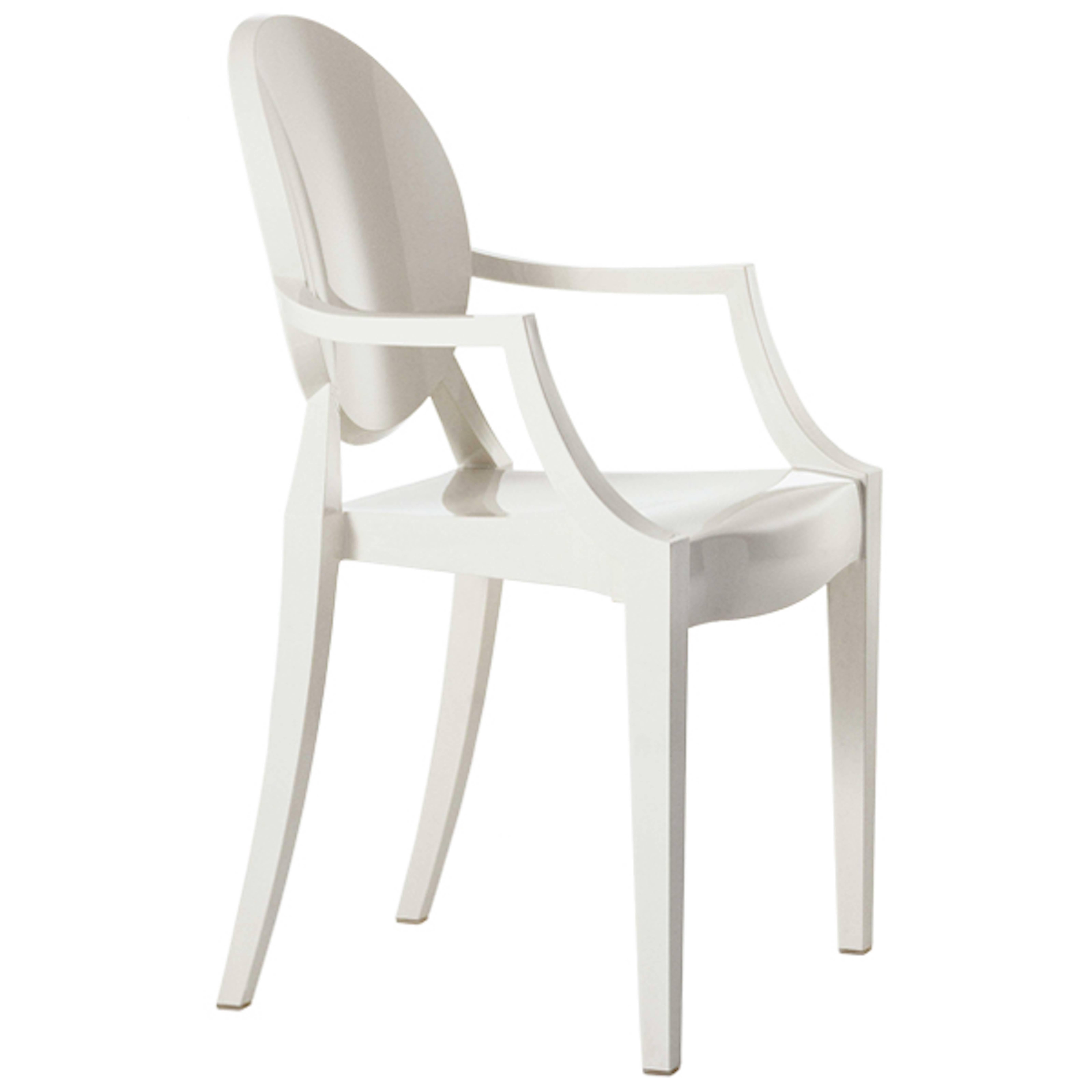 Designed for Kartell in 2002
Polycarbonate glossy white comfortable armchair in the Louis XVI style
Stable and durable, shock and weather resistant 
Good condition
Dimensions: 37