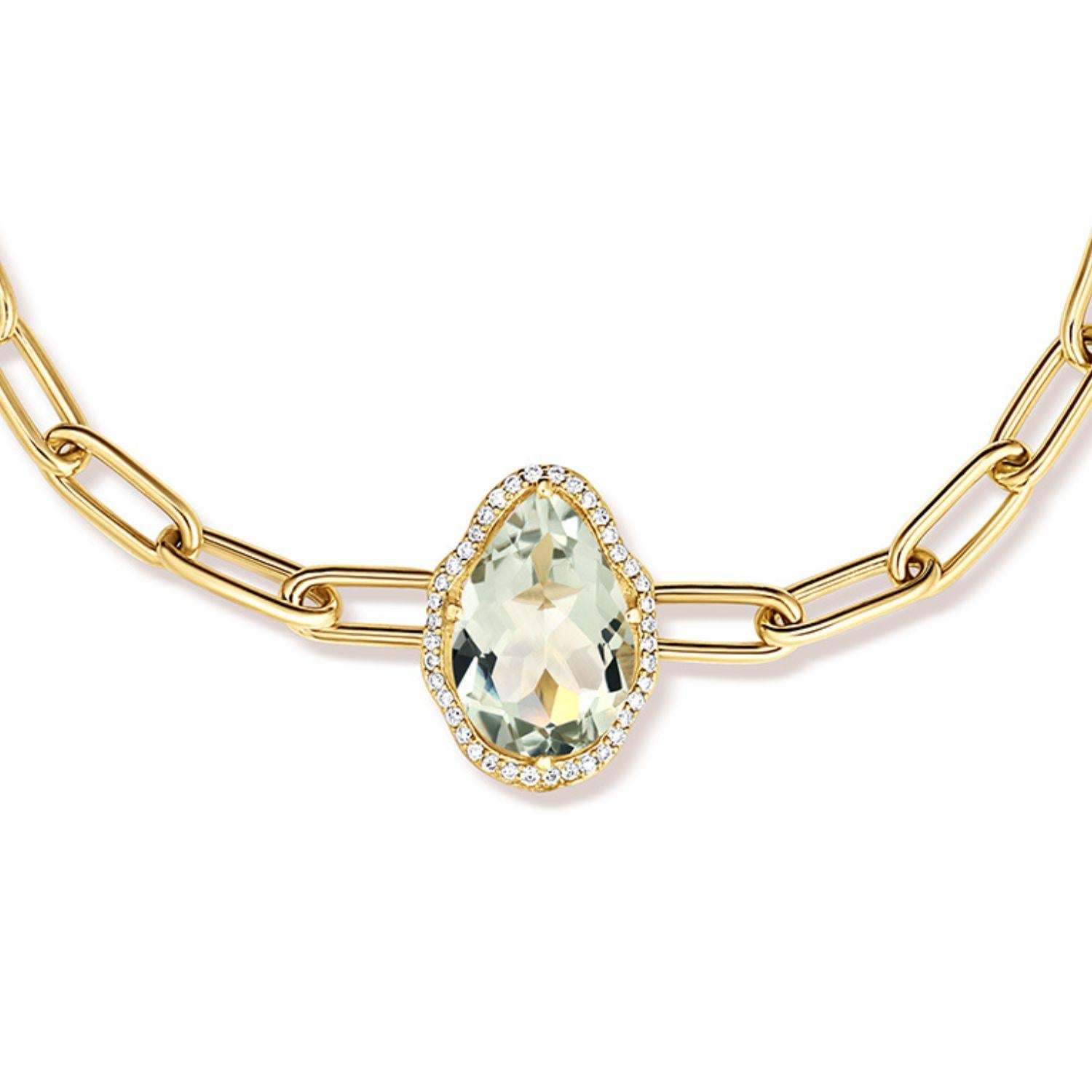 Glow Bracelet. 18K yellow gold (750/1000), with a 2.98 carat pear-cut prasiolite and 0.1 carats of round brilliant-cut diamonds. 18K yellow gold chain with adjustable length of 17 cm.