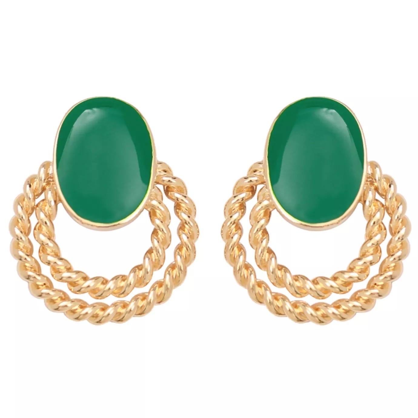 Boucles d'oreilles clips rétro ajourées double bouton d'or ovale vert Glow en vente 5