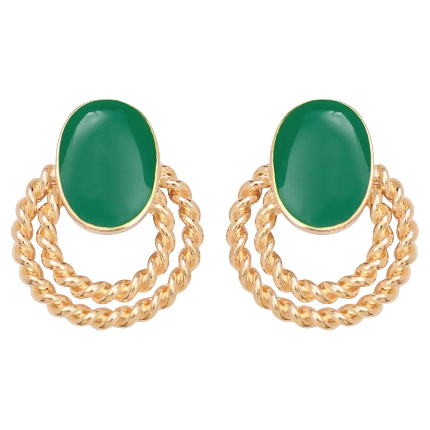 Boucles d'oreilles clips rétro ajourées double bouton d'or ovale vert Glow