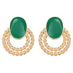Glow Green Oval Button Double Golden Circular Twist Openwork Retro Clip Earrings