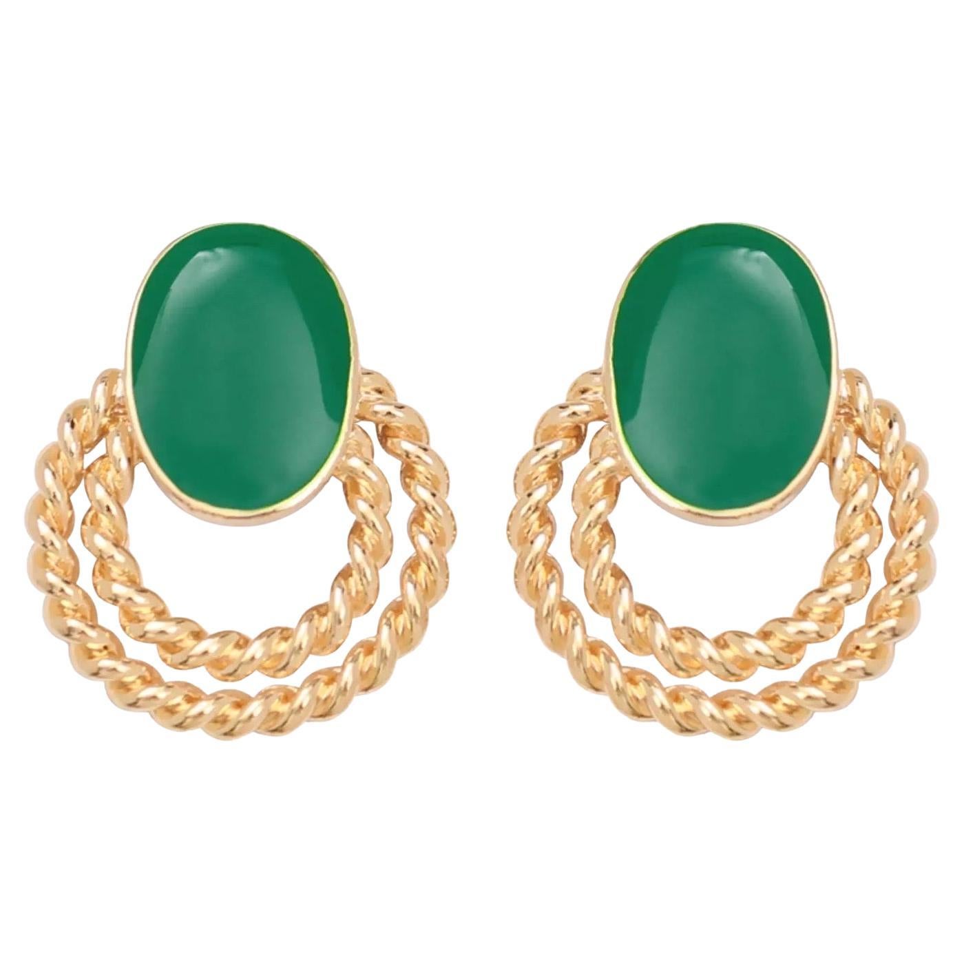 Boucles d'oreilles clips rétro ajourées double bouton d'or ovale vert Glow en vente