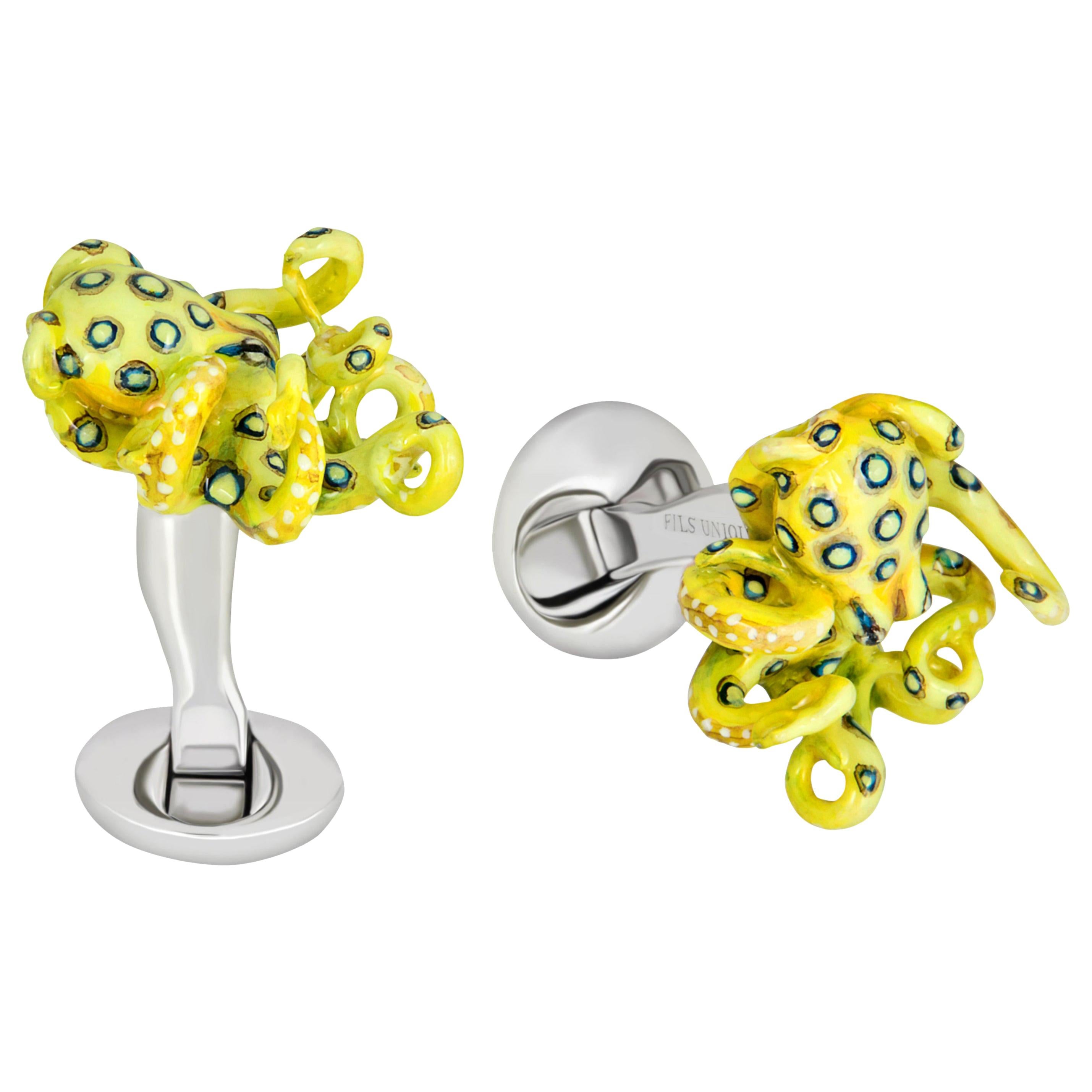 "Glow in the Dark" Yellow Octopus Cufflinks in Hand-enameled Sterling Silver 