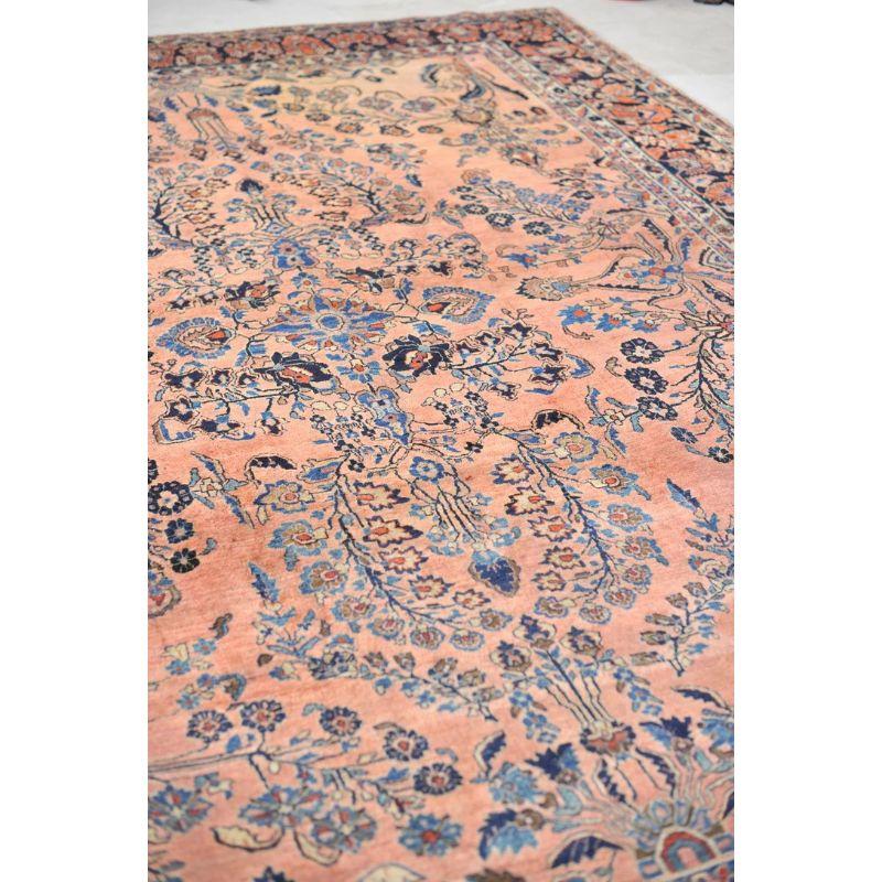 Glowing Antique Botanical Sarouk Rug with Coral, Indigo & Peacock Blue Color For Sale 4