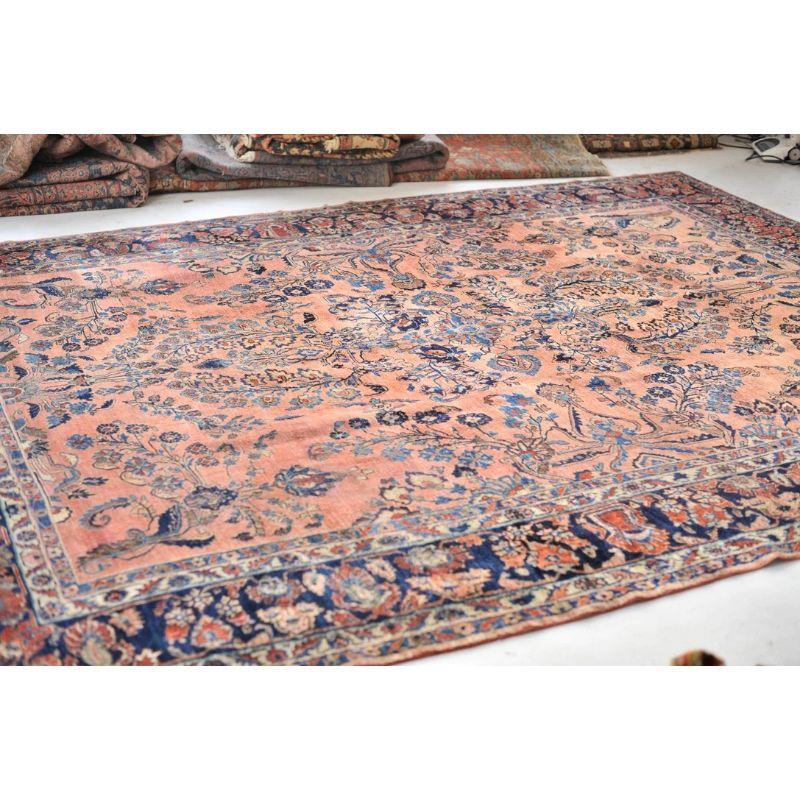 Glowing Antique Botanical Sarouk Rug with Coral, Indigo & Peacock Blue Color For Sale 5