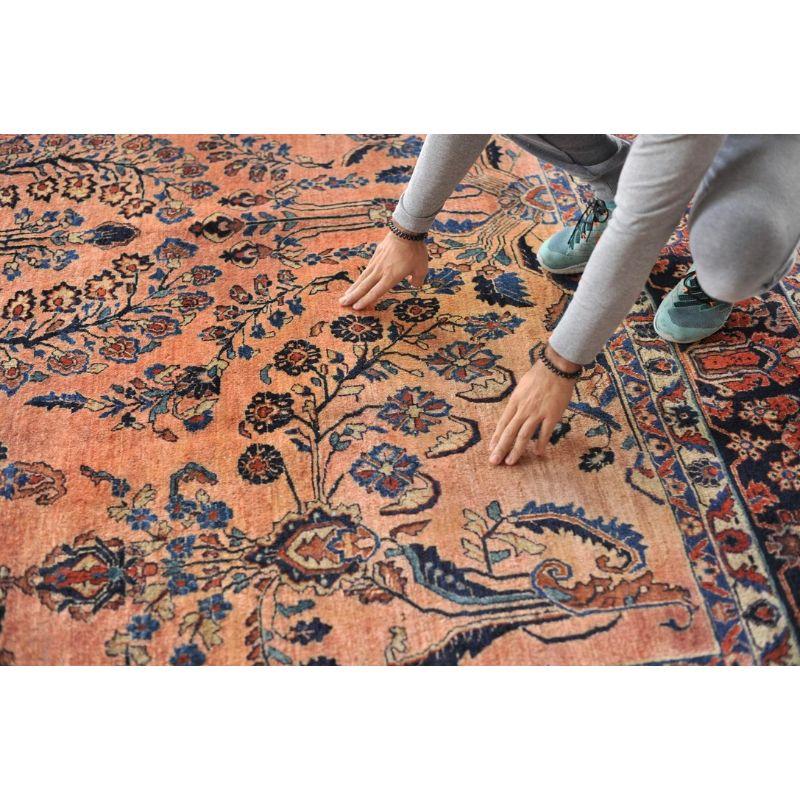 Glowing Antique Botanical Sarouk Rug with Coral, Indigo & Peacock Blue Color For Sale 6