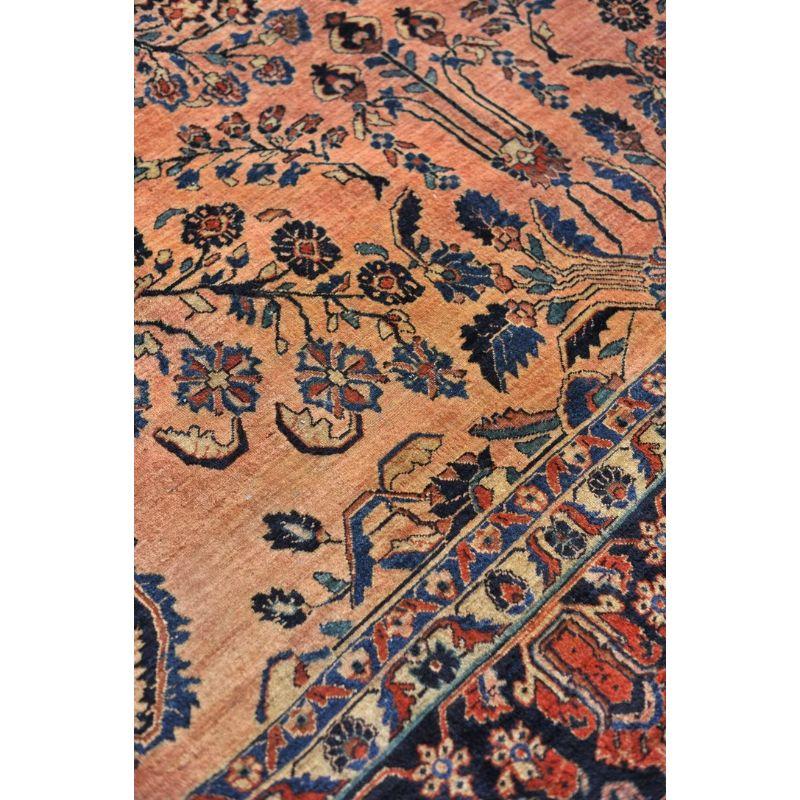Glowing Antique Botanical Sarouk Rug with Coral, Indigo & Peacock Blue Color For Sale 7