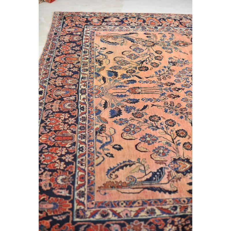 Glowing Antique Botanical Sarouk Rug with Coral, Indigo & Peacock Blue Color For Sale 8
