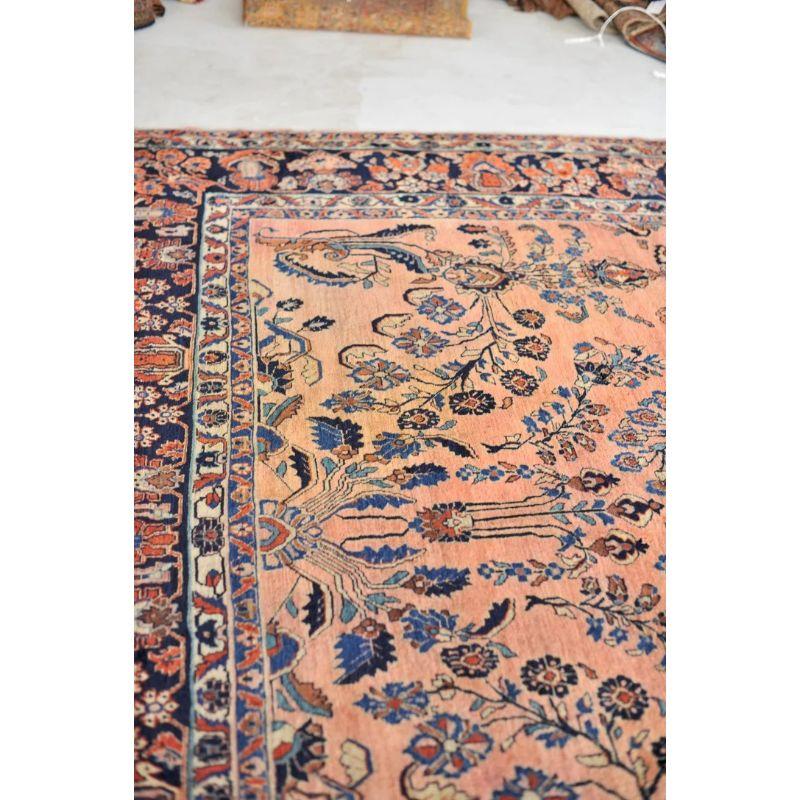 Glowing Antique Botanical Sarouk Rug with Coral, Indigo & Peacock Blue Color For Sale 2