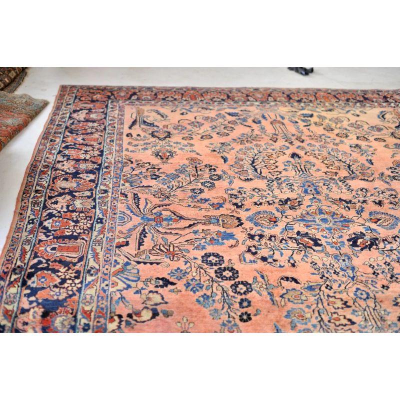 Glowing Antique Botanical Sarouk Rug with Coral, Indigo & Peacock Blue Color For Sale 3