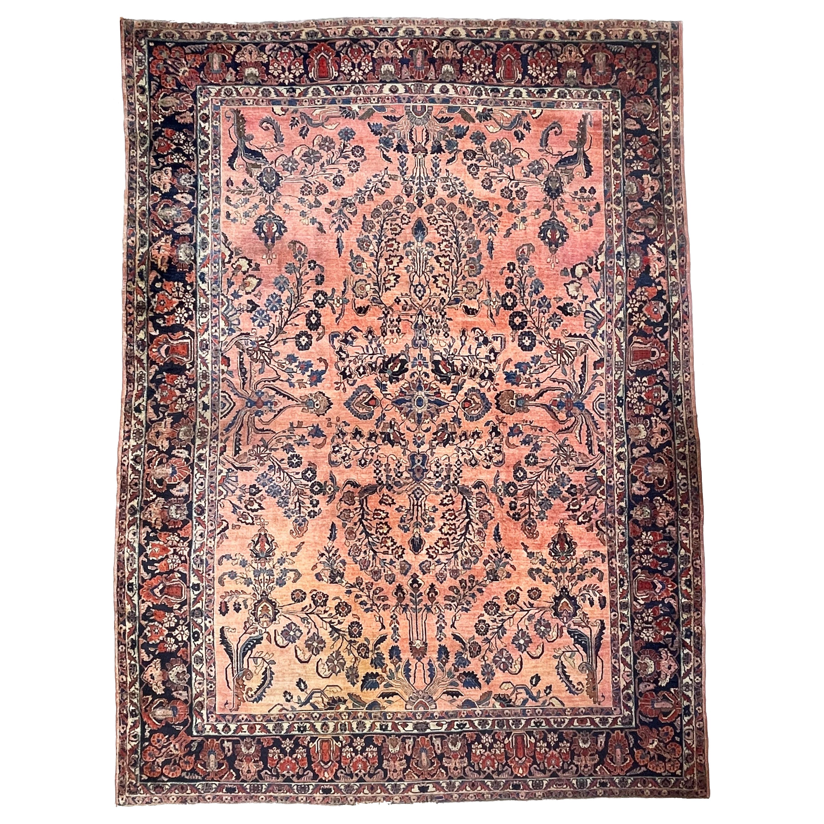 Glänzender antiker botanischer Sarouk-Teppich mit Koralle, Indigo und Pfauenblau im Angebot
