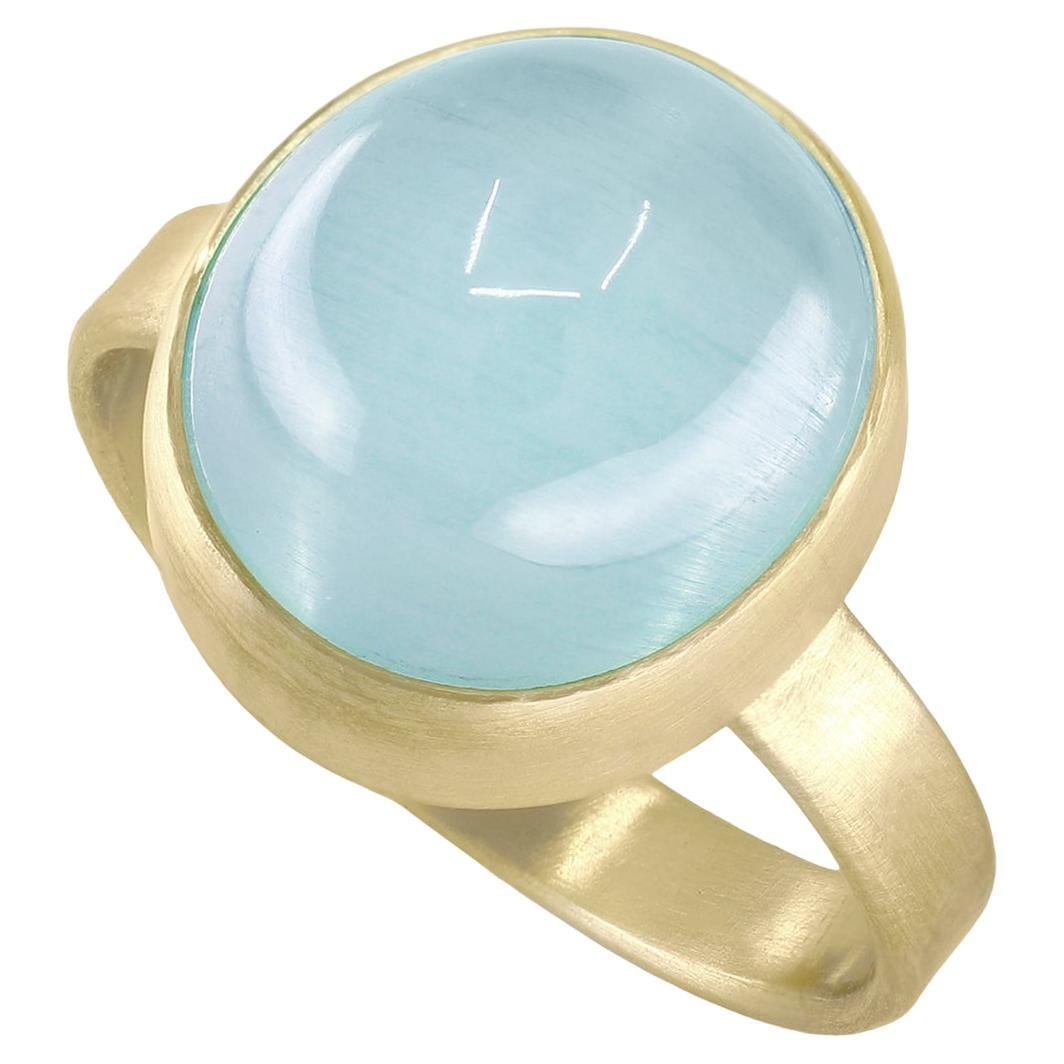Glowing Aquamarine Round Cabochon Yellow Gold Ring, Monica Marcella 2023 For Sale