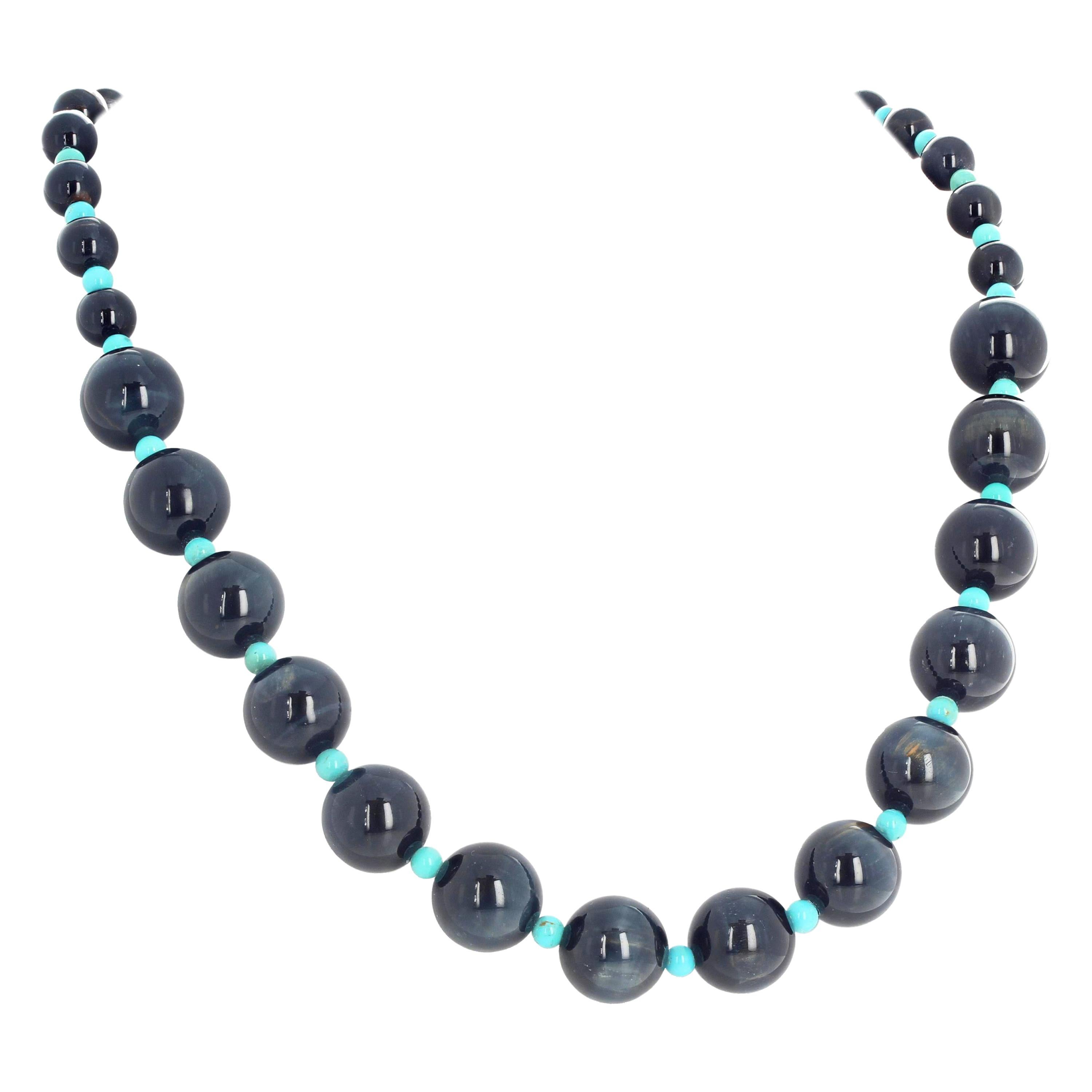 AJD Romantic Dramatic Real Blue Tiger Eye & Turquoise 22" Long Necklace 