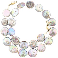 Gemjunky Single Strand Natural Irridescent Coin Pearl with Pearl Clasp Necklace
