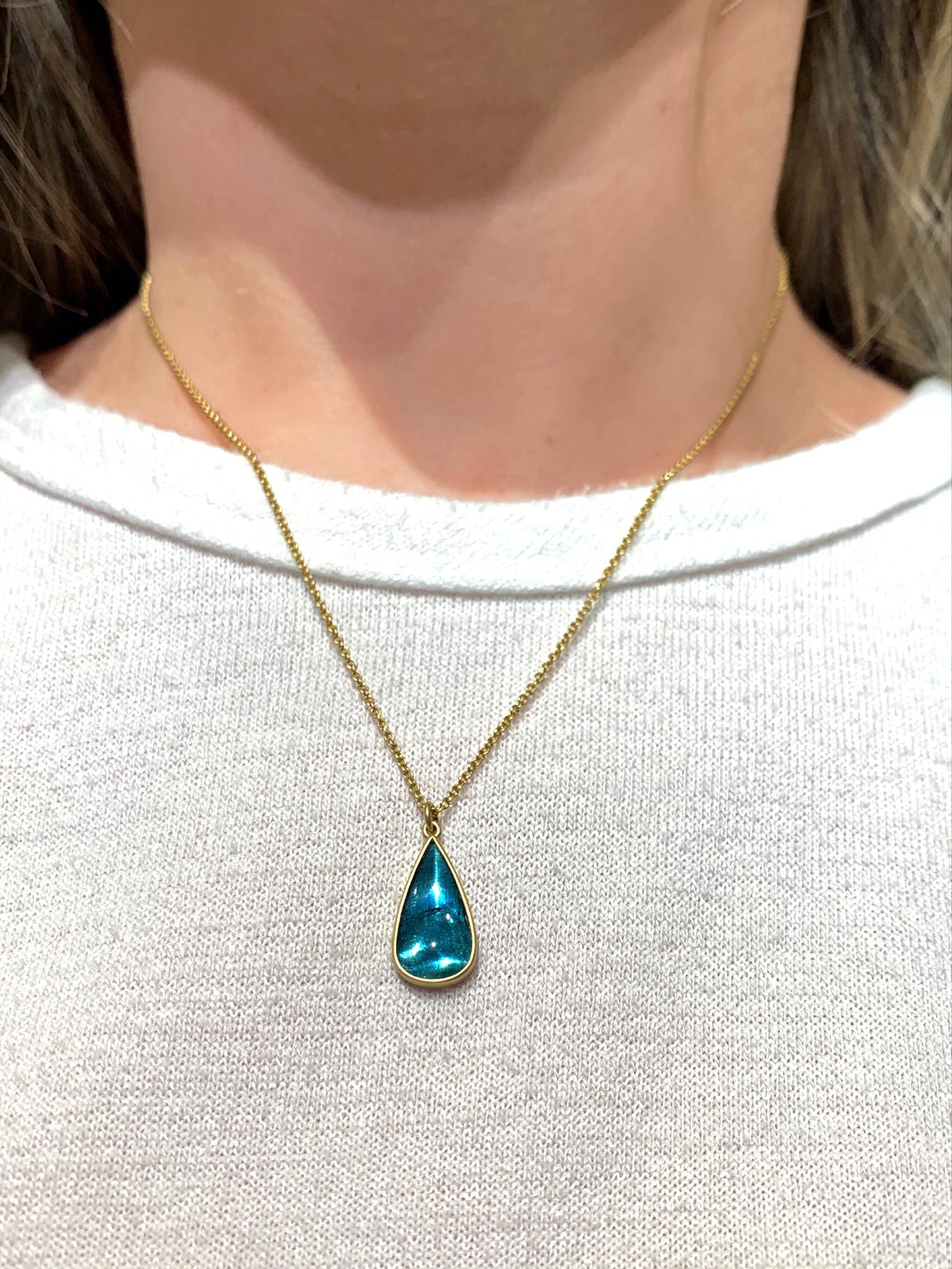 Artist Glowing Deep Blue Indicolite Tourmaline Drop Yellow Gold Necklace, Lola Brooks For Sale