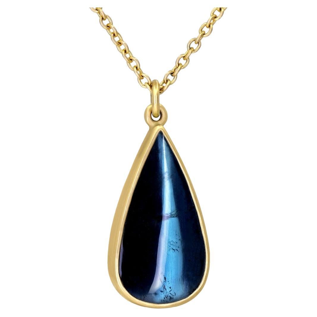 Glowing Deep Blue Indicolite Tourmaline Drop Yellow Gold Necklace, Lola Brooks For Sale