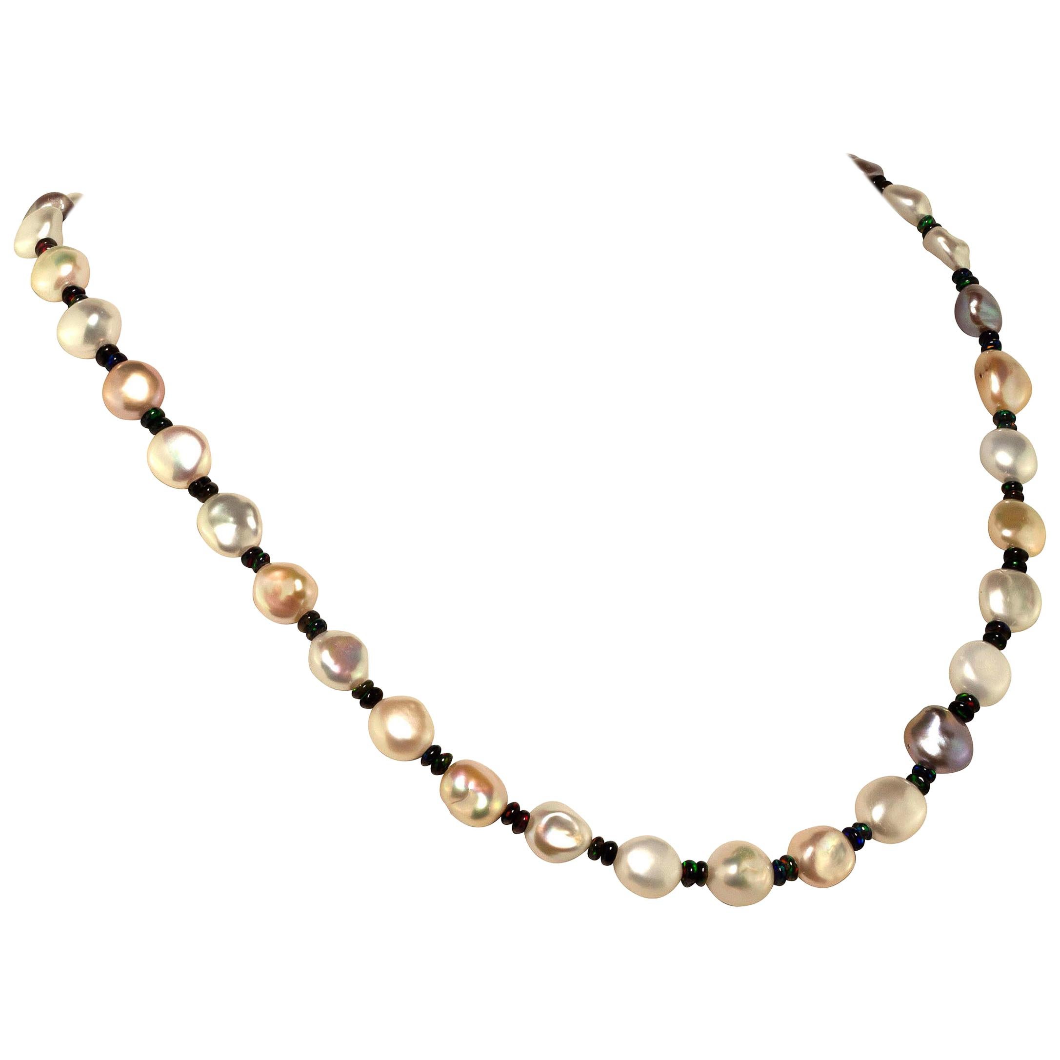 Glowing, Freshwater Pearl Necklace with Black Opal Accents