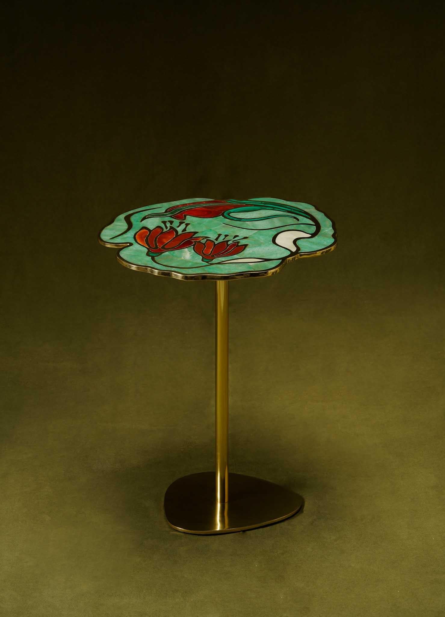 Glowing Gulmohar Side Table Large in Brass & Semi Precious Stone For Sale 1
