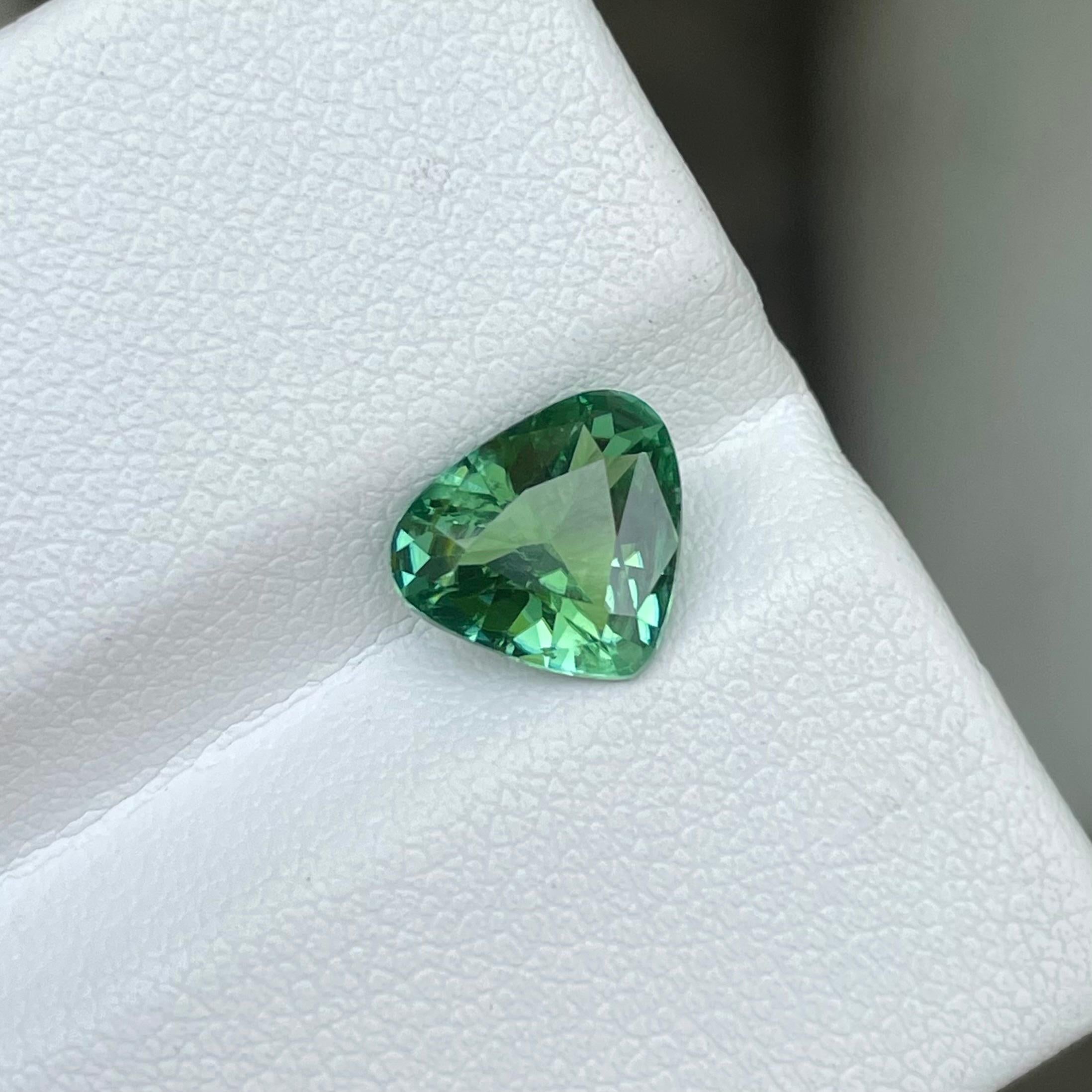 Weight 1.85 carats 
Dimensions 8.2 x 9.3 x 4.4 mm
Treatment None 
Origin Afghanistan 
Clarity VVS (Very, Very Slightly Included)
Shape Triangular 
Cut Trilliant 




Elevate your jewelry collection with this exquisite Mint Green Tourmaline.