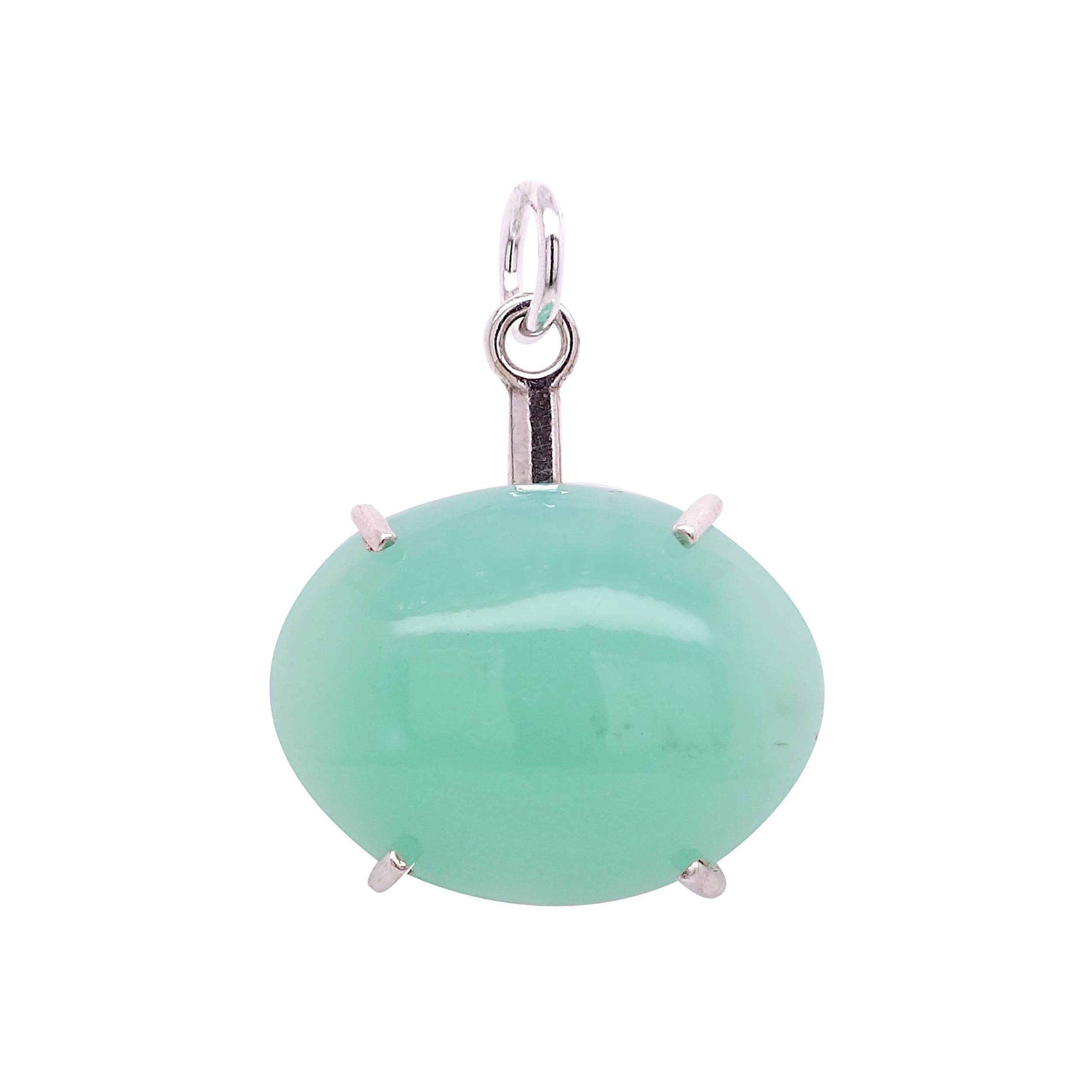  AJD Glowing Oval East-West Chrysoprase Cabochon in Sterling Silver Pendant