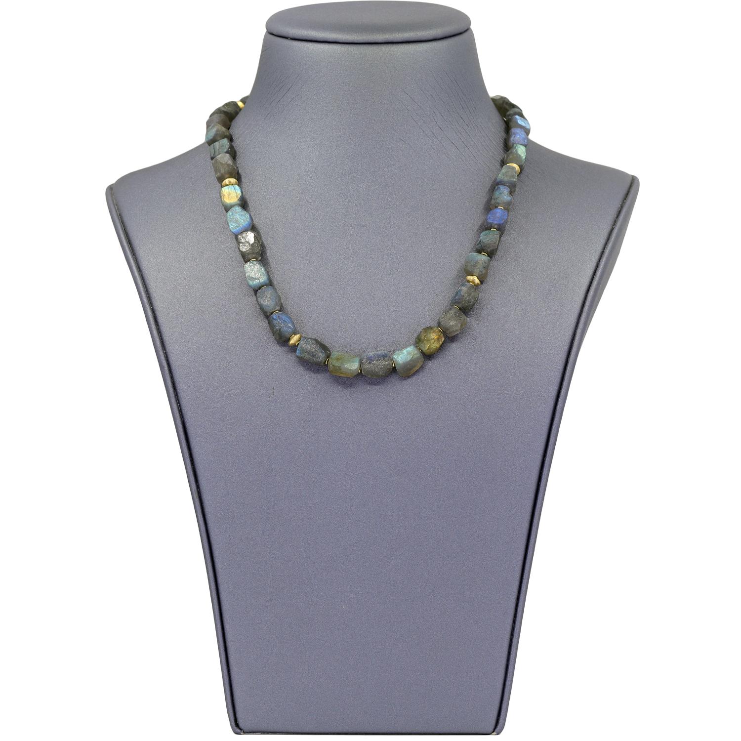 One of a Kind Necklace handcrafted by award winning jewelry maker Barbara Heinrich showcasing a gorgeous strand of chiseled rough labradorite with strong, colorful flash. The gemstones are individually separated by assorted matte-finished 18k yellow