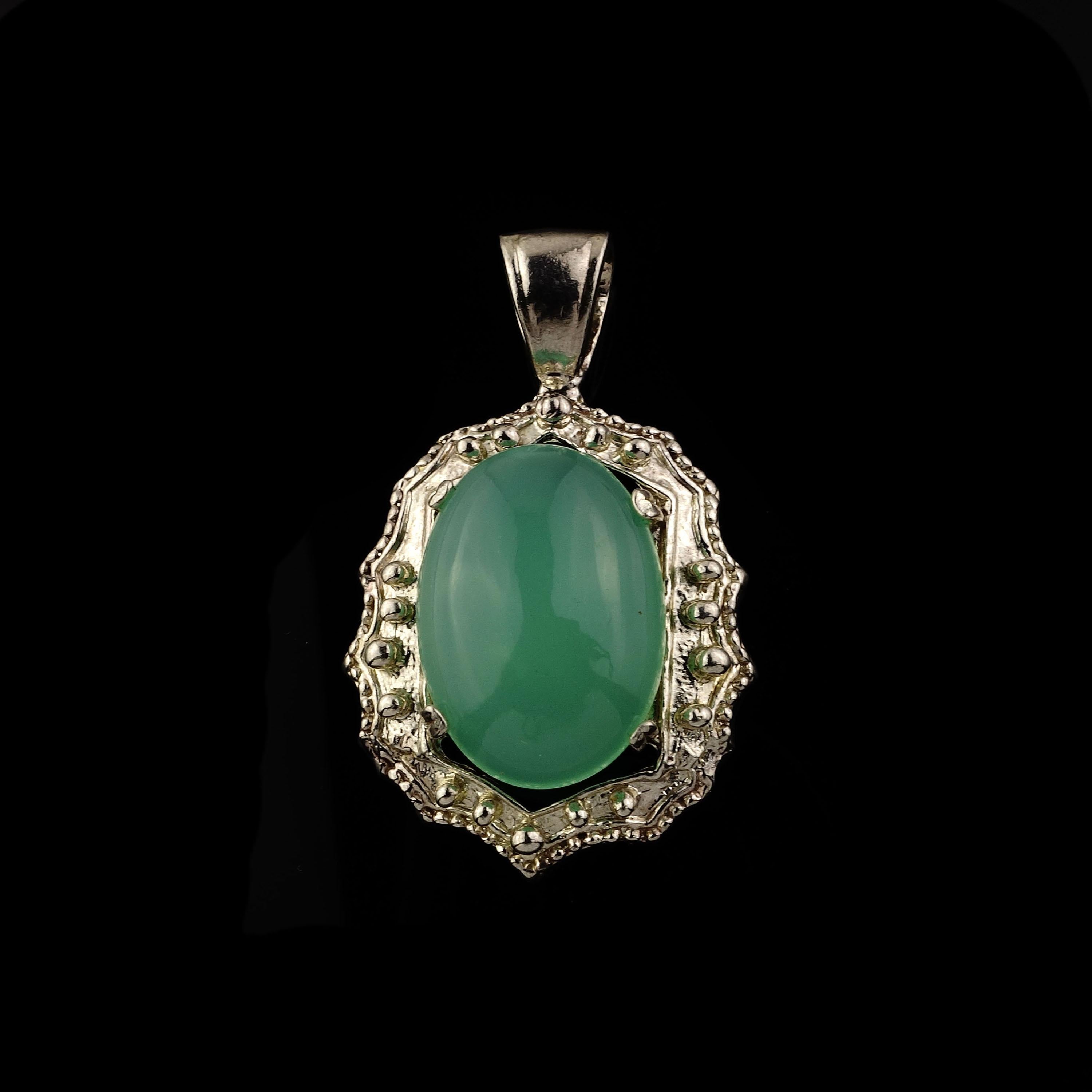 Artisan AJD Glowing Translucent Cabochon Chrysophrase in Sterling Silver Pendant For Sale