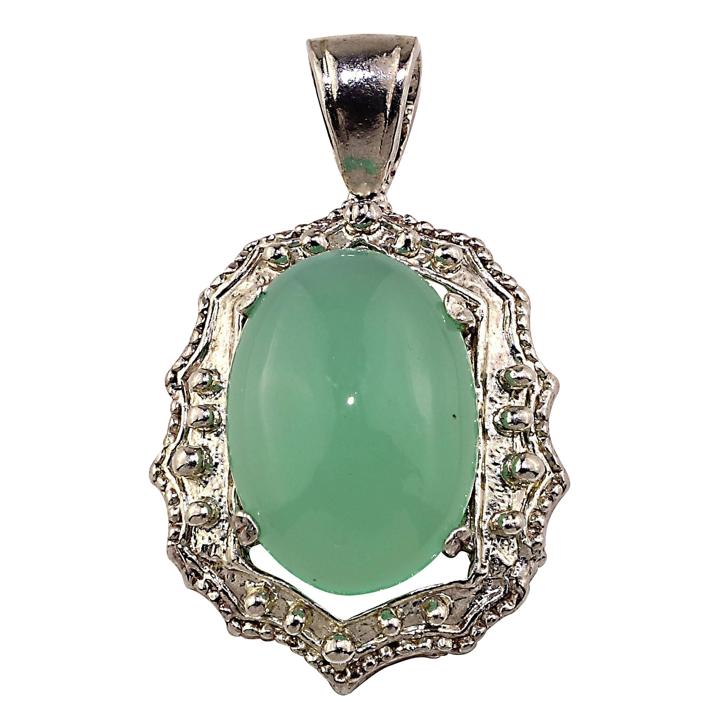 AJD Glowing Translucent Cabochon Chrysophrase in Sterling Silver Pendant For Sale