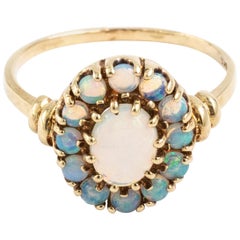 Glowing Vintage Crystal Jelly Opal Cluster Halo Yellow Gold Ring
