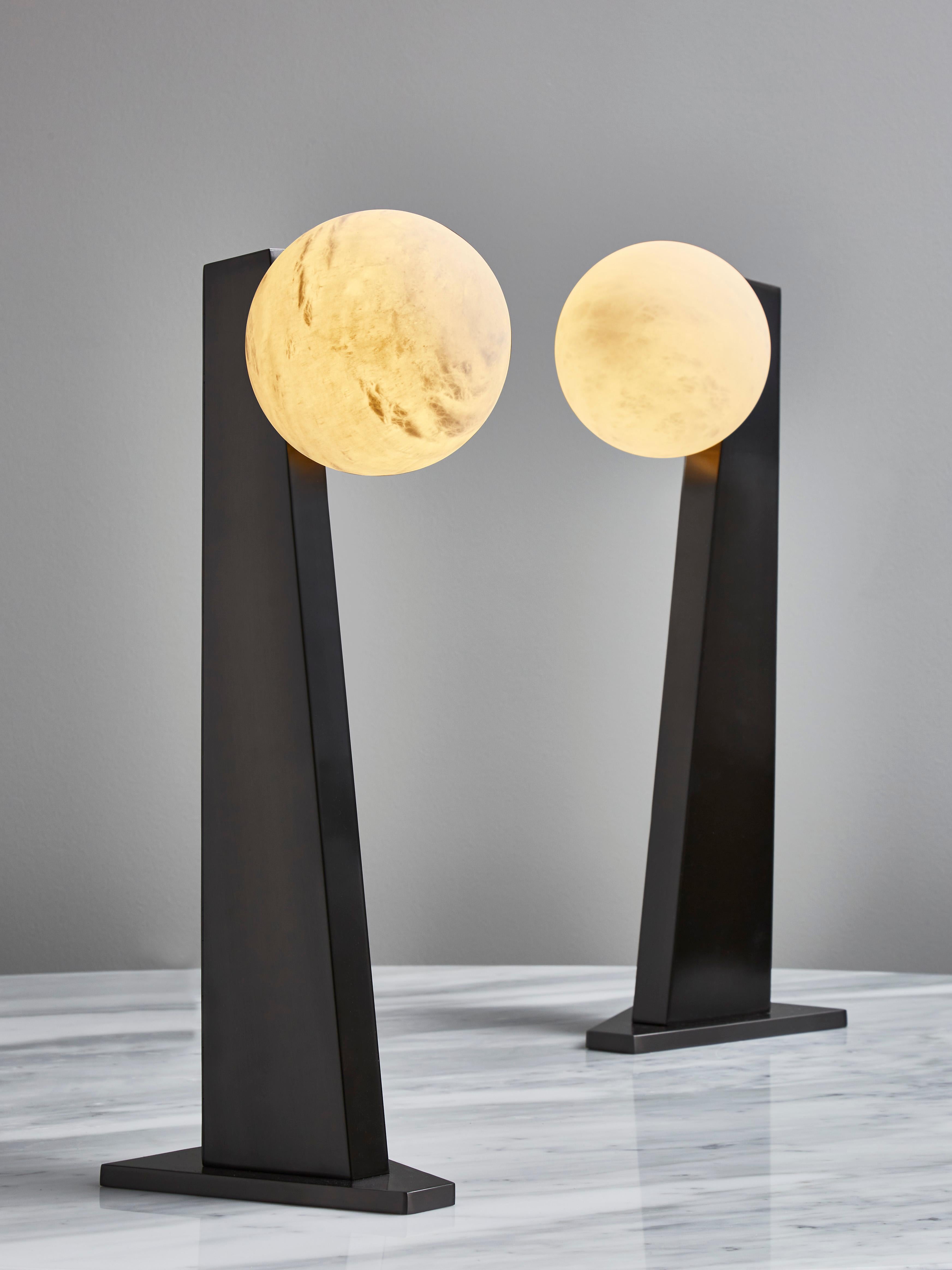 Modern Glustin Luminaires Asymmetrical Brass Table Lamp with Alabaster Globe For Sale