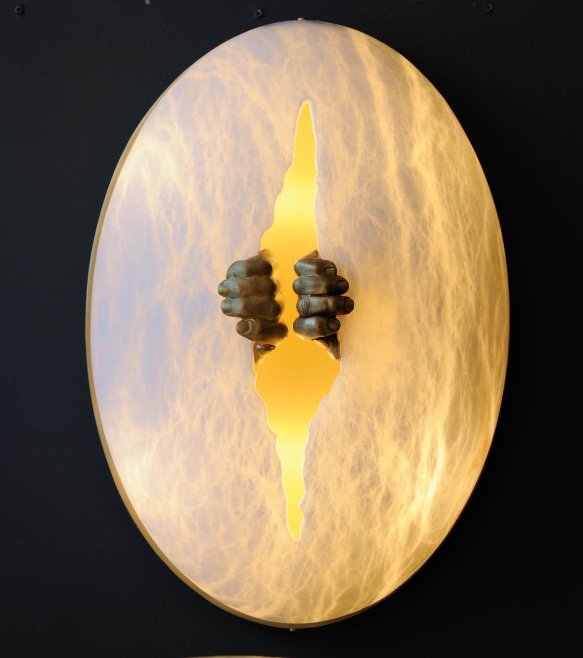 Modern Glustin Luminaires Creation Alabaster and Brass Hands Wall Sconces For Sale