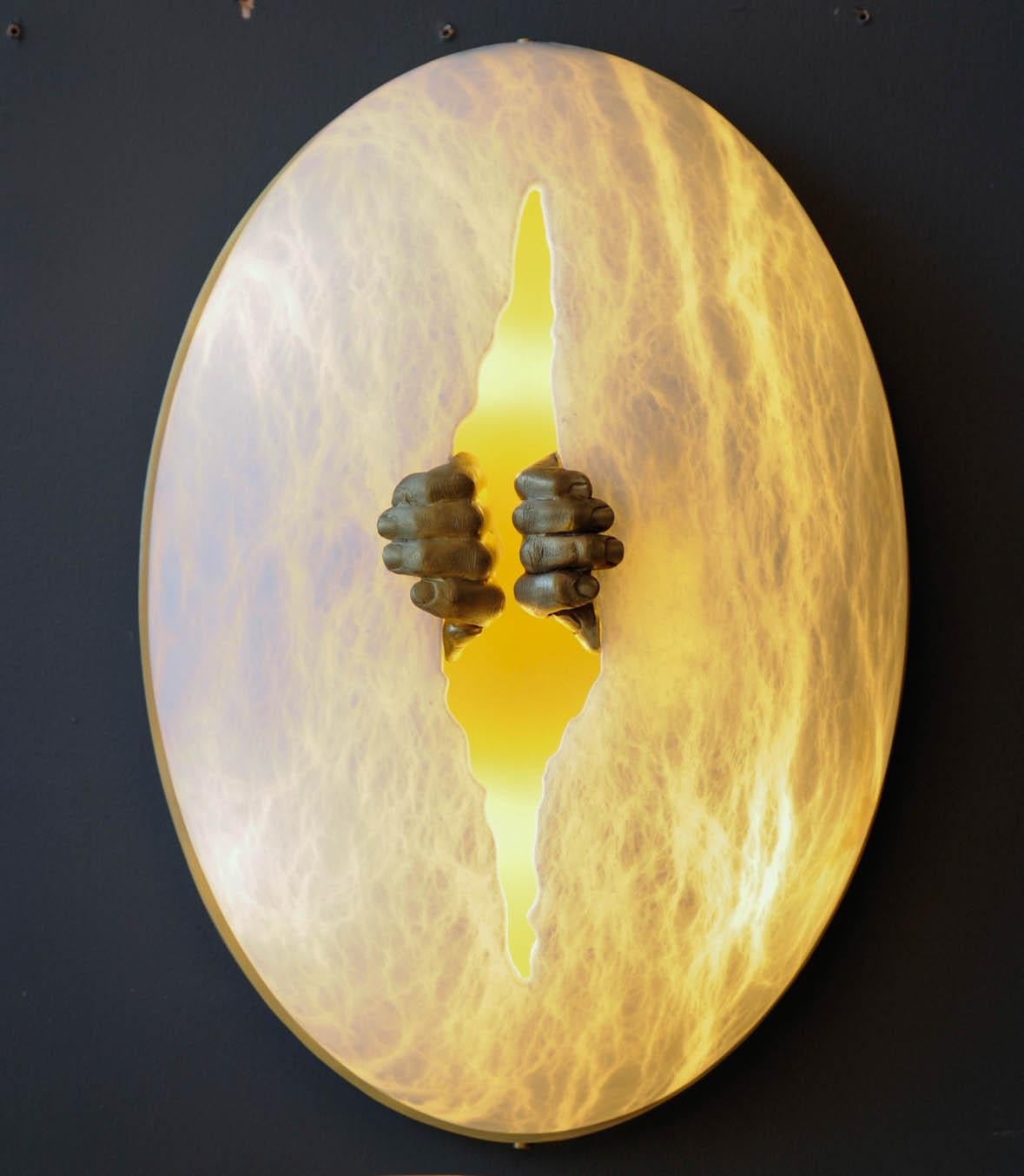 Italian Glustin Luminaires Creation Alabaster and Brass Hands Wall Sconces For Sale