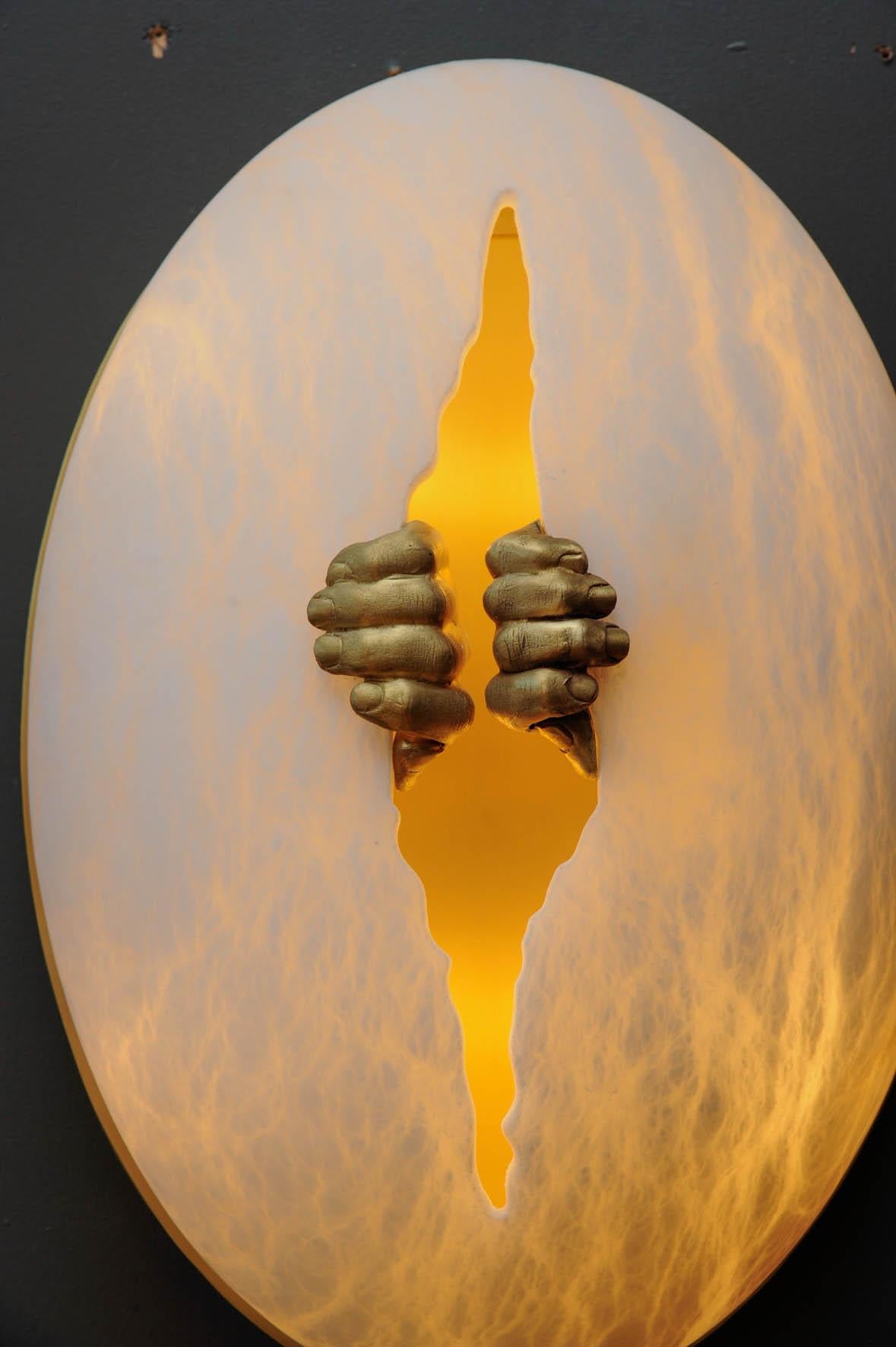 Glustin Luminaires Creation Alabaster and Brass Hands Wall Sconces For Sale 1