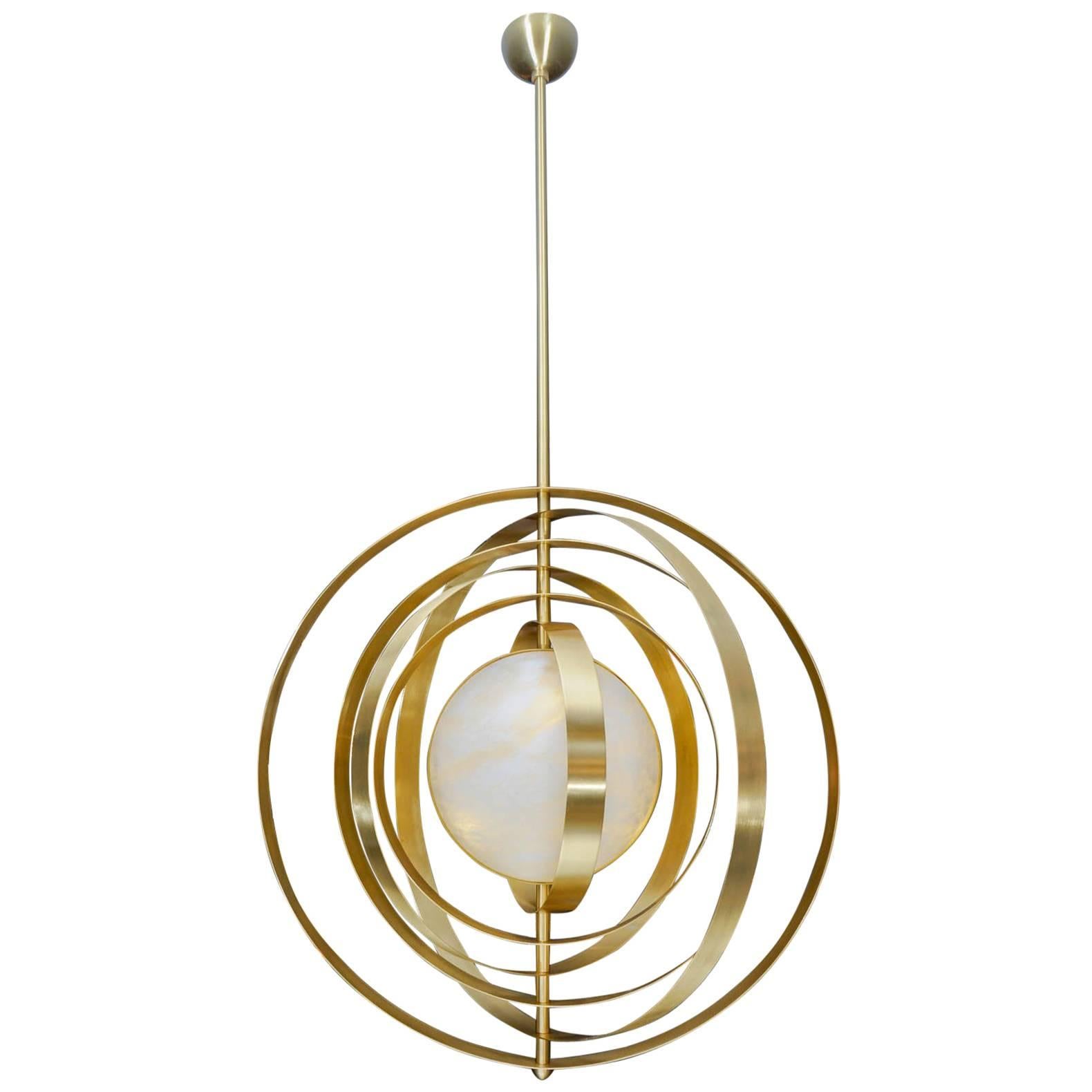 Glustin Luminaires Creation Alabaster Suspension with Brass Rings For Sale