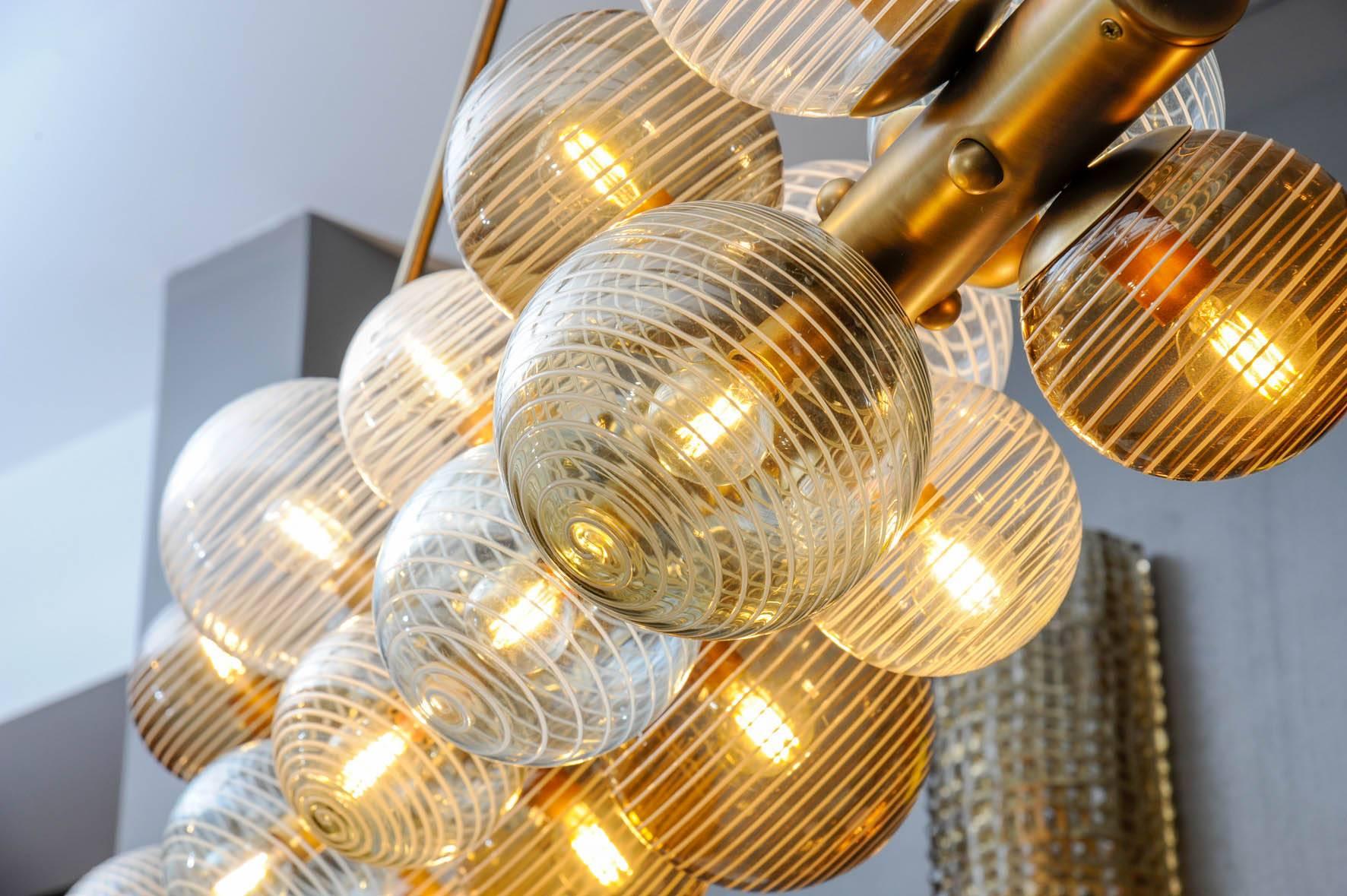 Brass Glustin Luminaires Creation Line Chandelier with Murano Glass Globes