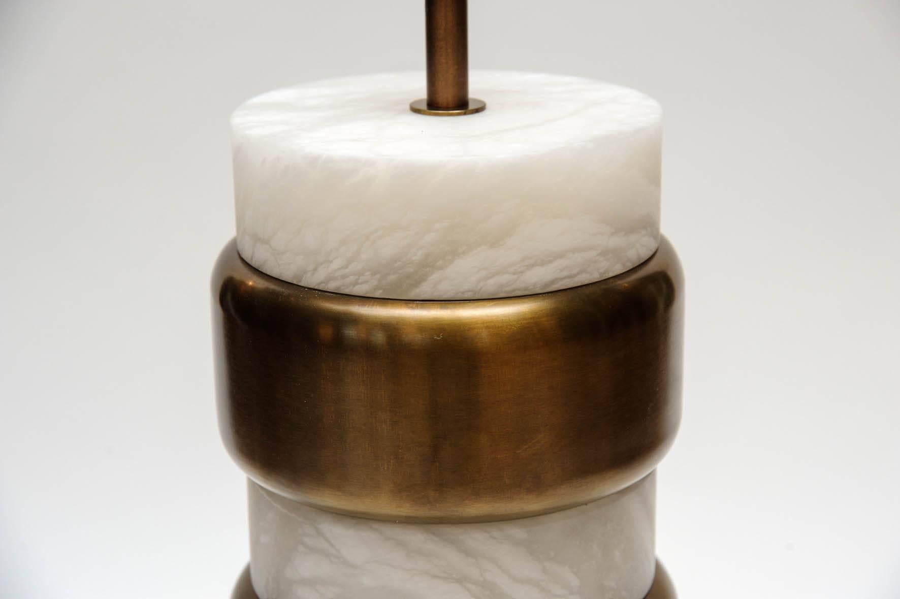 Modern Glustin Luminaires Creation Pair of Alabaster Lamps with Brass Rings For Sale