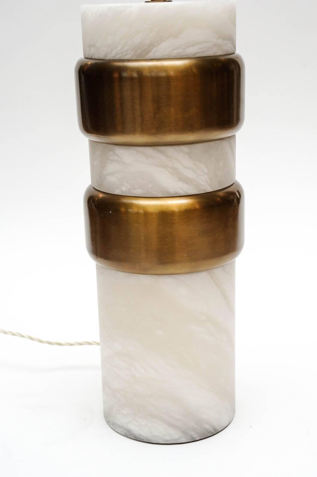 Italian Glustin Luminaires Creation Pair of Alabaster Lamps with Brass Rings For Sale