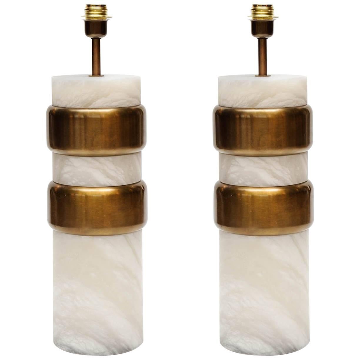 Glustin Luminaires Creation Pair of Alabaster Lamps with Brass Rings For Sale