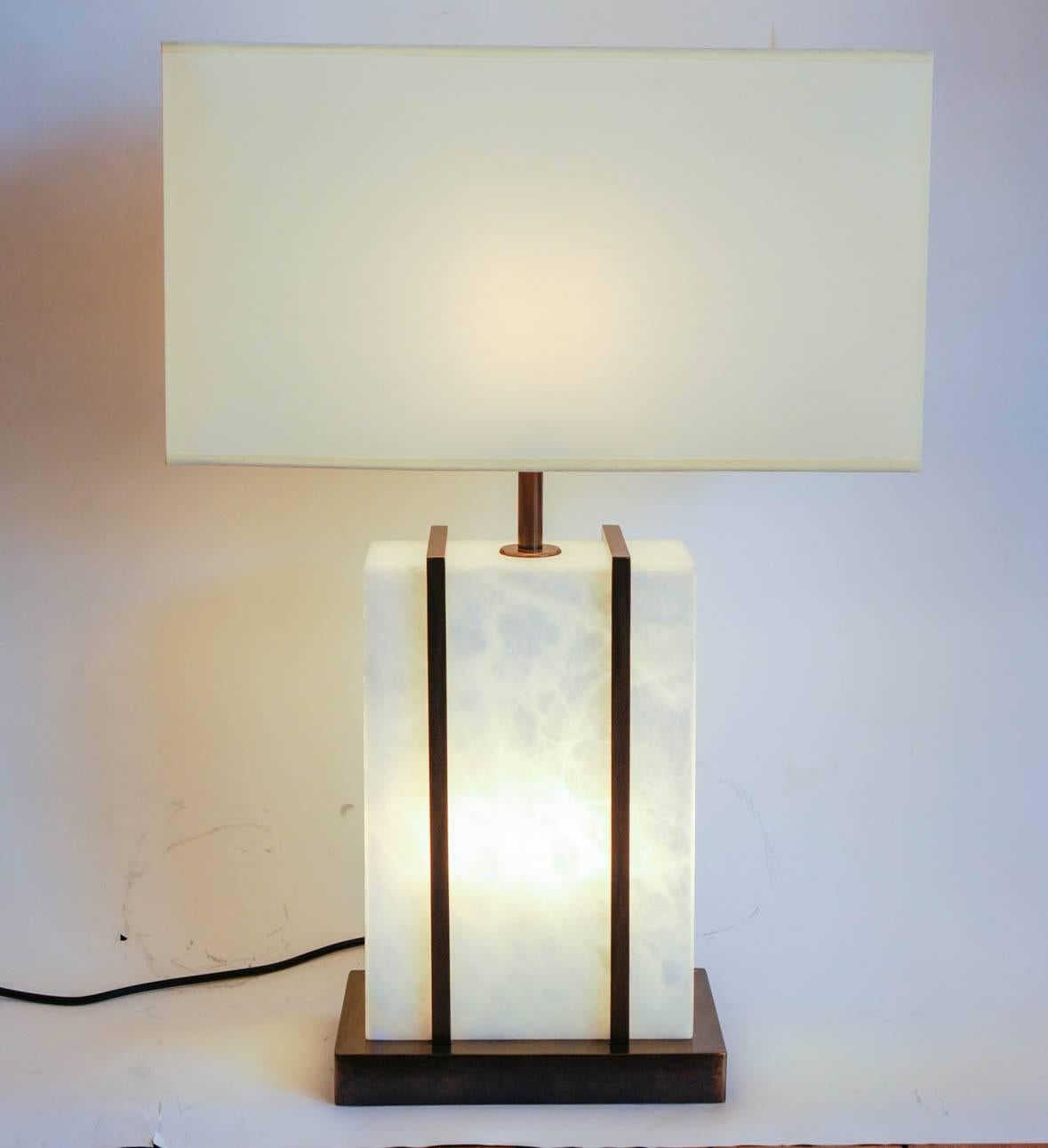 Glustin Luminaires Creation Pair of Brass and Alabaster Cage Table Lamps In New Condition For Sale In Saint-Ouen, IDF