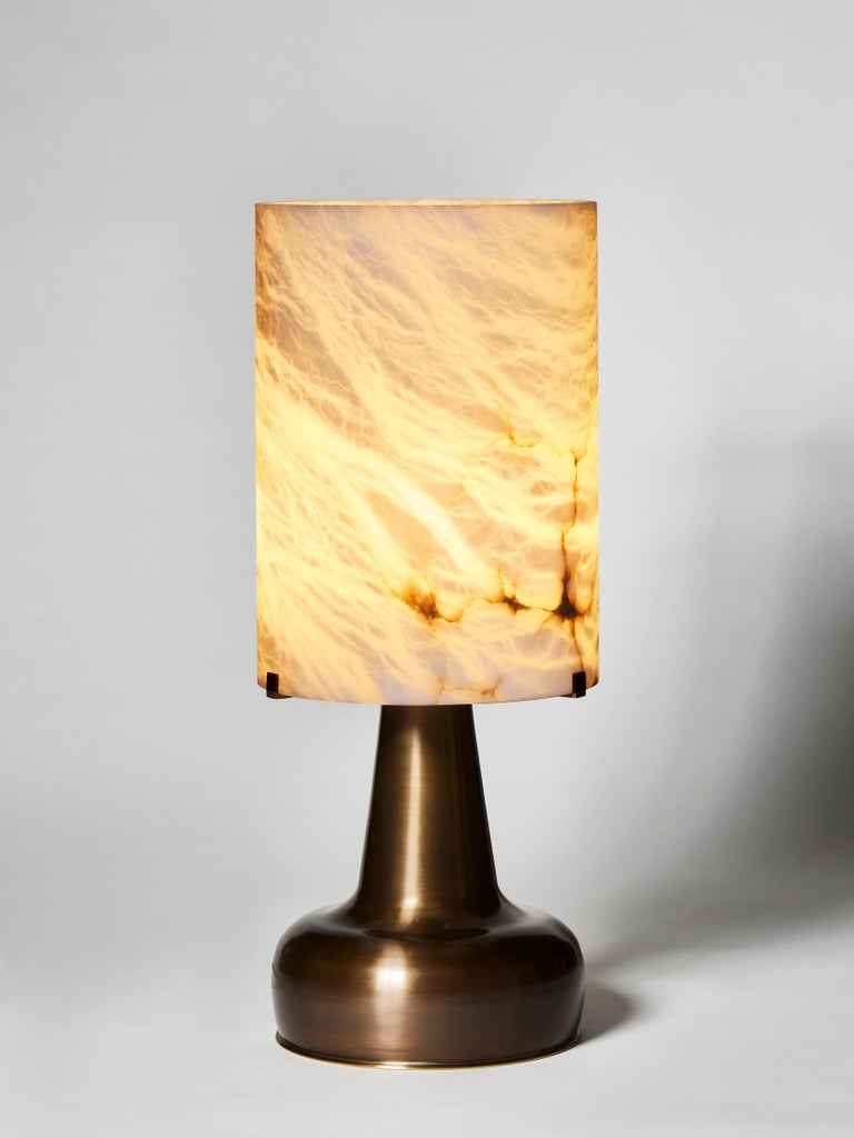 Modern Glustin Luminaires Pear Shaped Brass Table Lamps and Alabaster Shades For Sale
